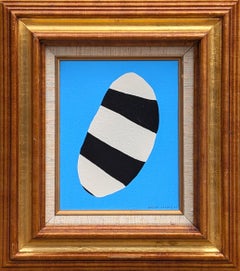 Contemporary Abstract Black and White Shape on Light Blue Field Painting