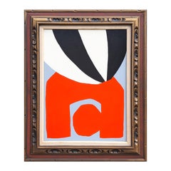 Zeitgenössische abstrakte schwarze, weiße und orangefarbene Formen auf grauem Feld Gemälde