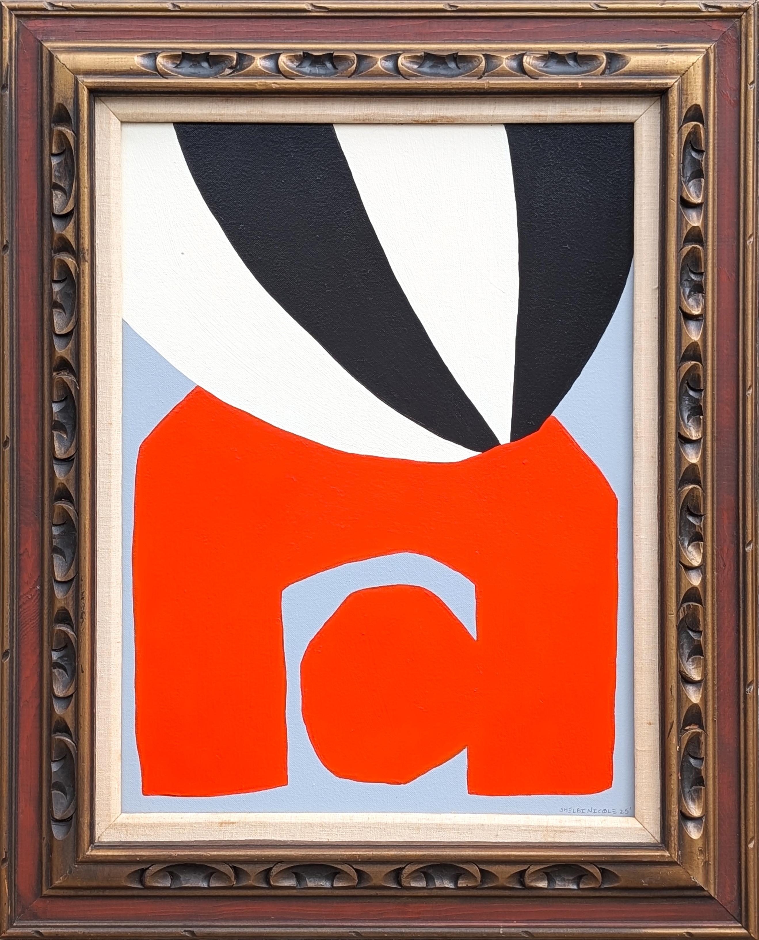 Shelbi Nicole Abstract Painting – Zeitgenössische abstrakte schwarze, weiße und orangefarbene Formen auf grauem Feld Gemälde