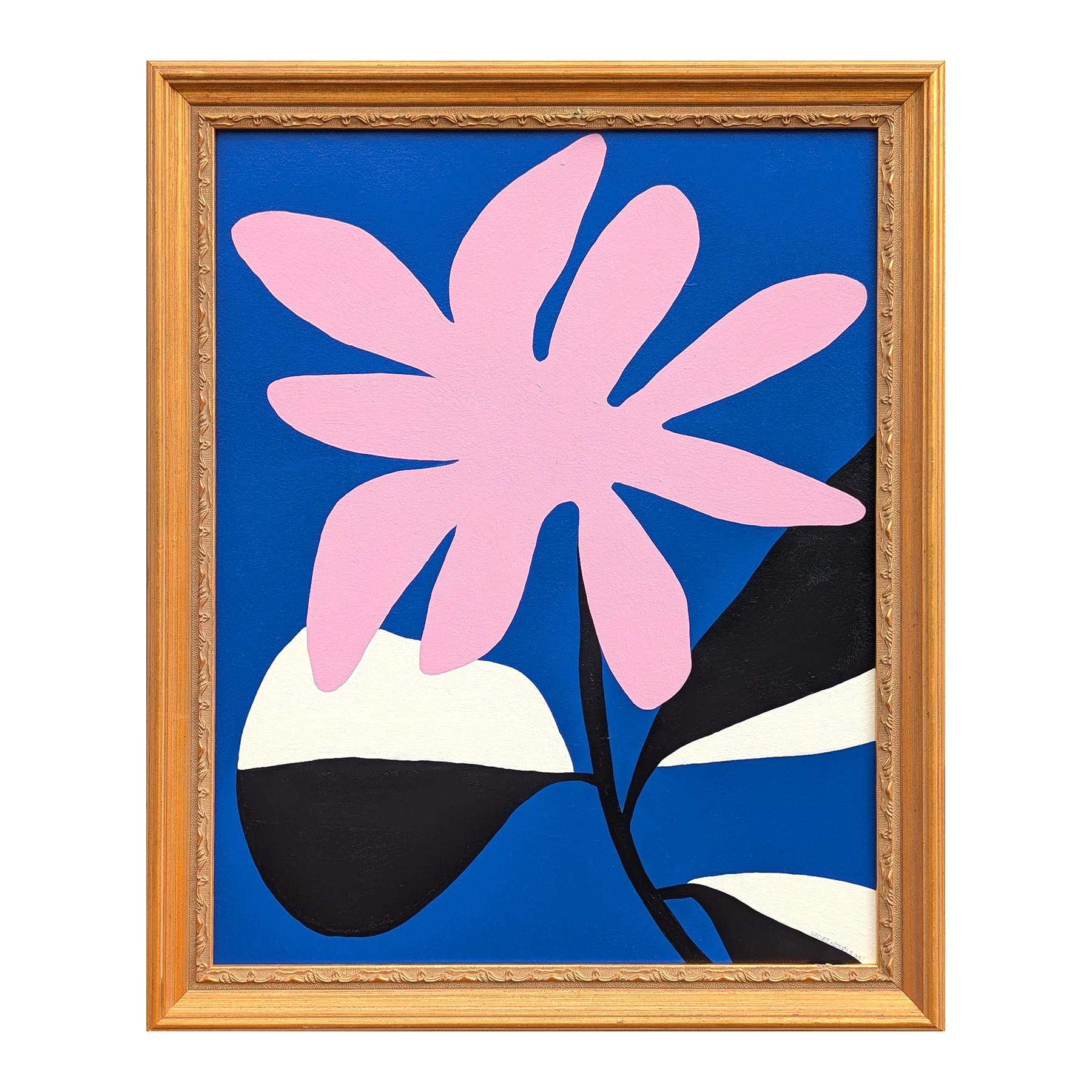 Zeitgenössische abstrakte schwarze, weiße und rosafarbene Formen auf blauem Feld Gemälde – Painting von Shelbi Nicole