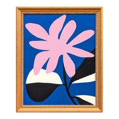 Contemporary Abstract Black, White, and Pink Shapes on Blue Field Painting