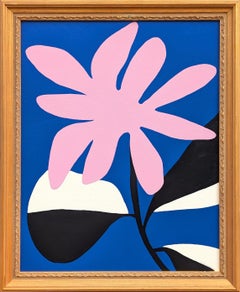 Contemporary Abstract Black, White, and Pink Shapes on Blue Field Painting
