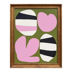 Pintura Contemporánea Abstracta Formas Negras, Blancas y Rosas sobre Campo Verde