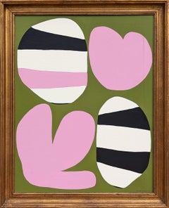 Contemporary Abstract Black, White, and Pink Shapes on Green Field Painting