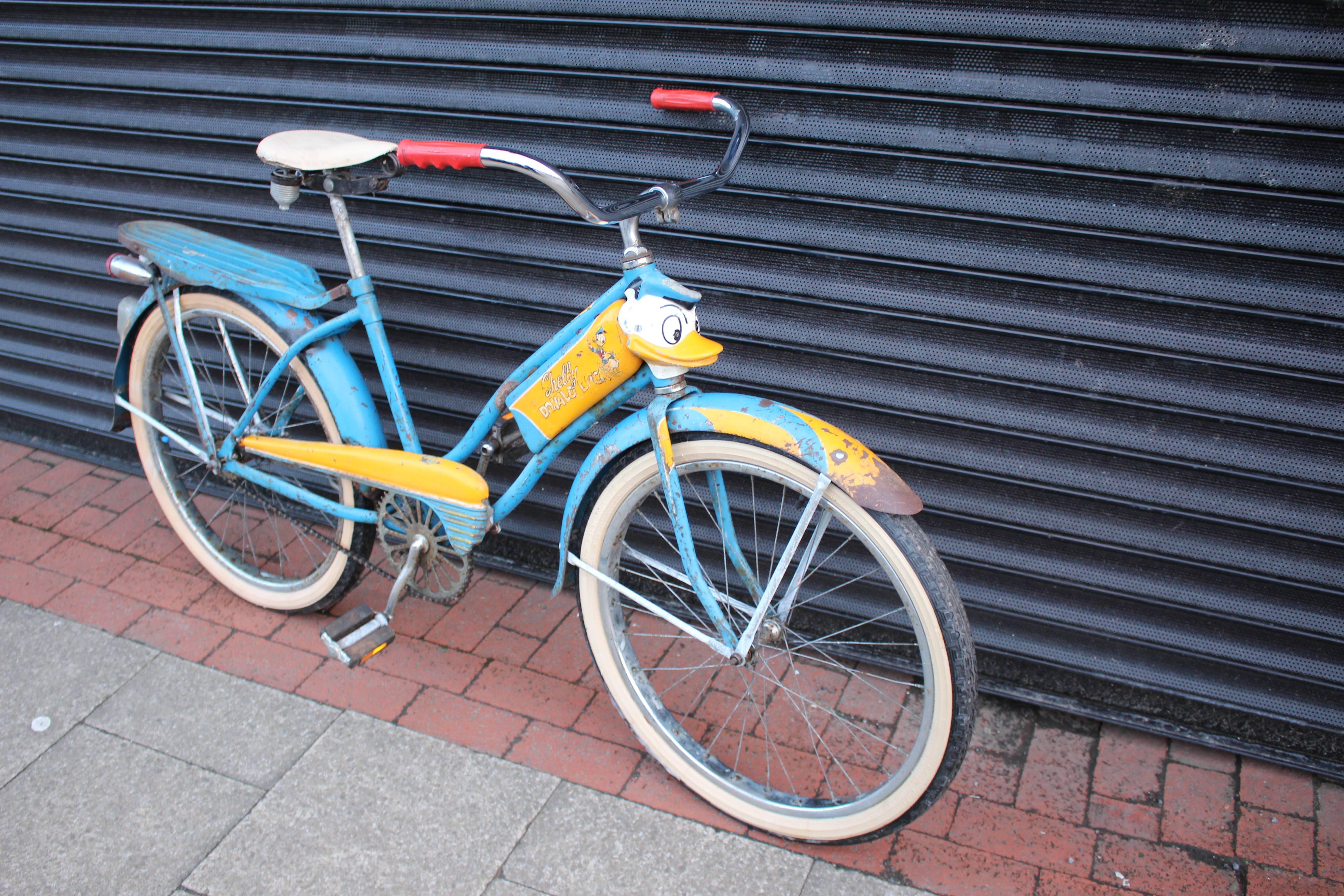 Rare Donald Duck bicycle made by Shelby from 1949 in unrestored condition. The Shelby cycle Company manufactured bicycles in Shelby, Ohio from 1925-1953. Their bikes are popular among collectors for their cool vintage styling. They produced a
