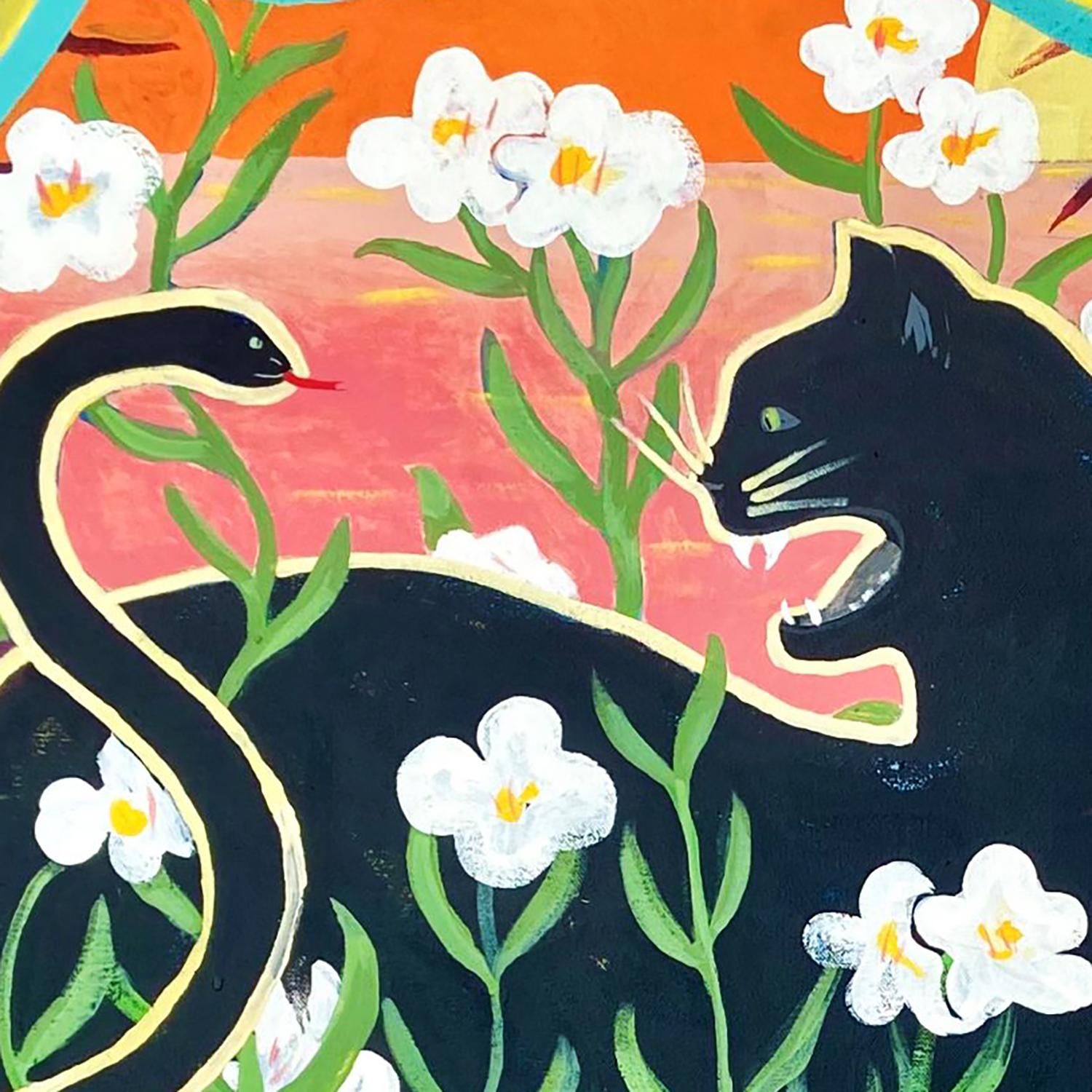 'Ego' - floral - sun - fauvism - colorful - black cat - Greek mythology - snakes - Painting by Shelby Little