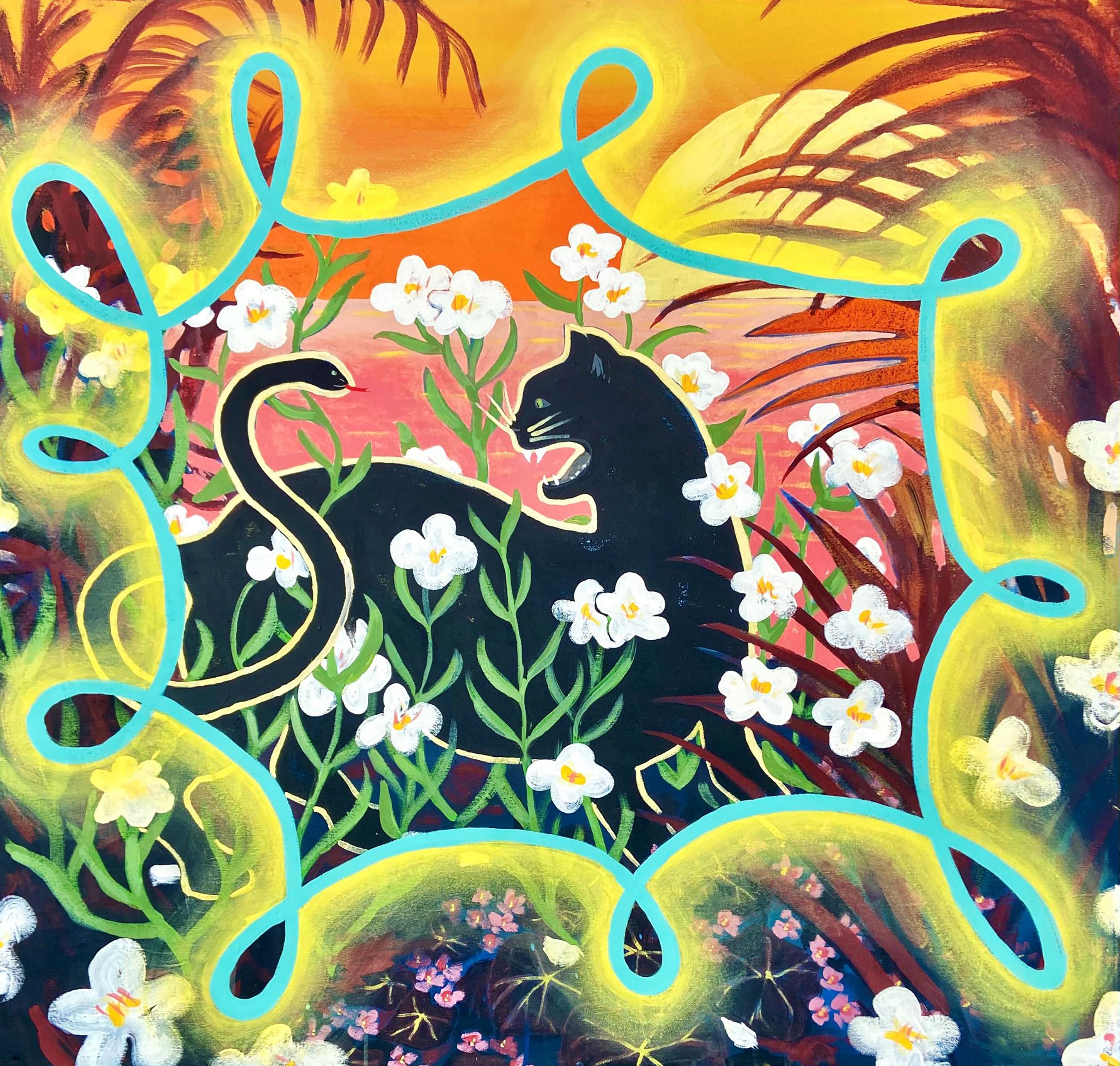 Shelby Little Figurative Painting - 'Ego' - floral - sun - fauvism - colorful - black cat - Greek mythology - snakes