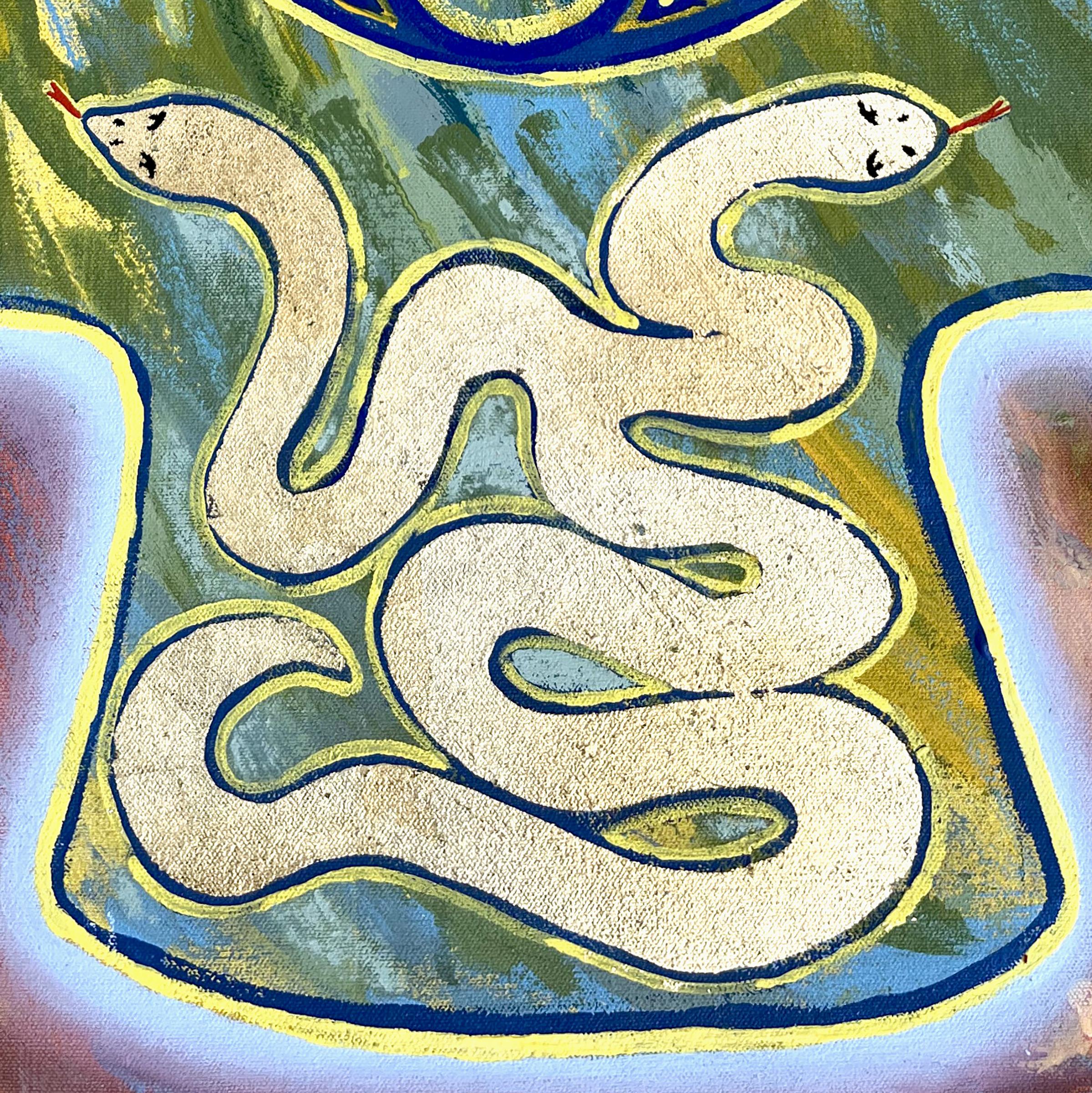 'Janus' - figurative - fauvism - colorful - portrait - Greek mythology - snakes - Painting by Shelby Little