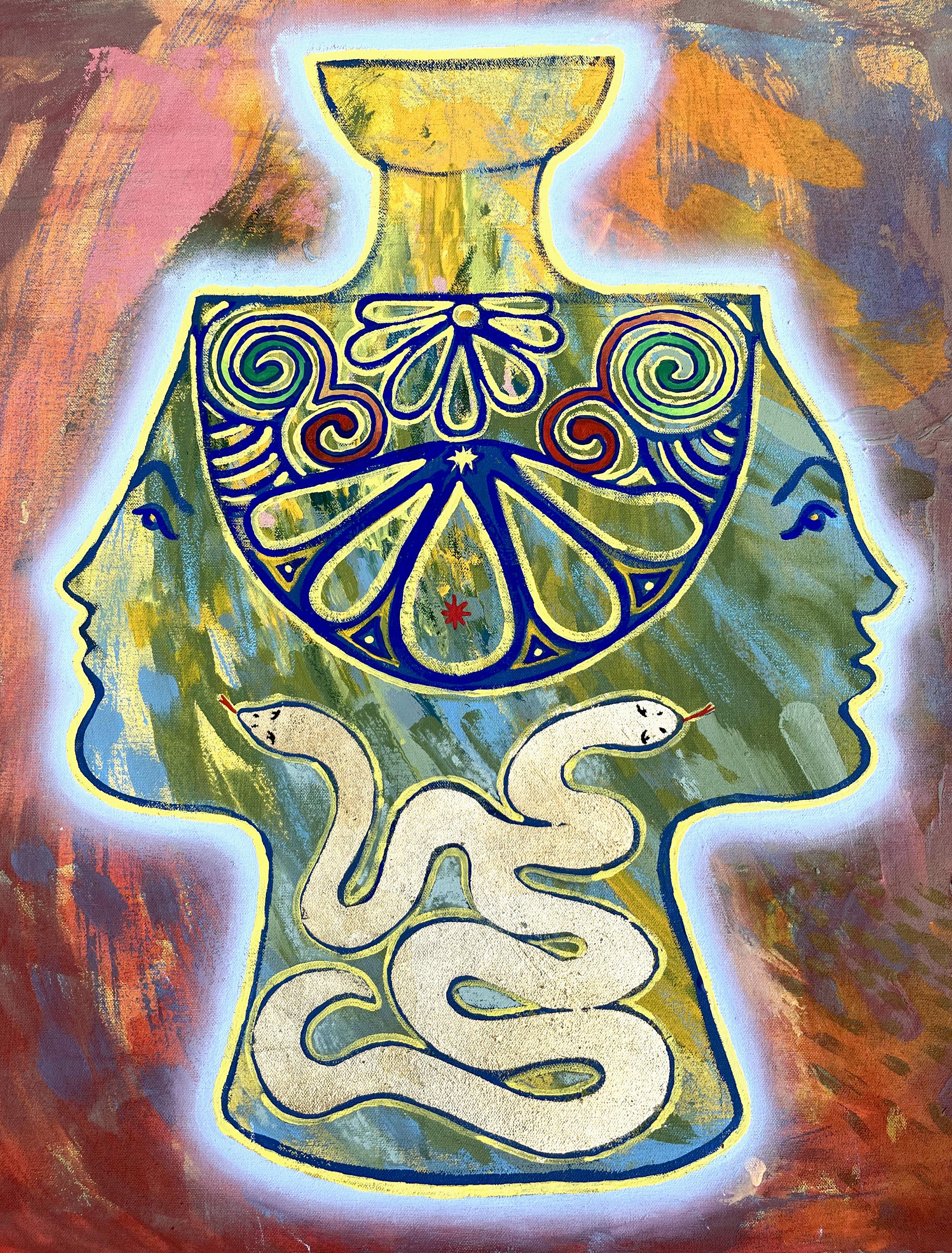Shelby Little Figurative Painting - 'Janus' - figurative - fauvism - colorful - portrait - Greek mythology - snakes