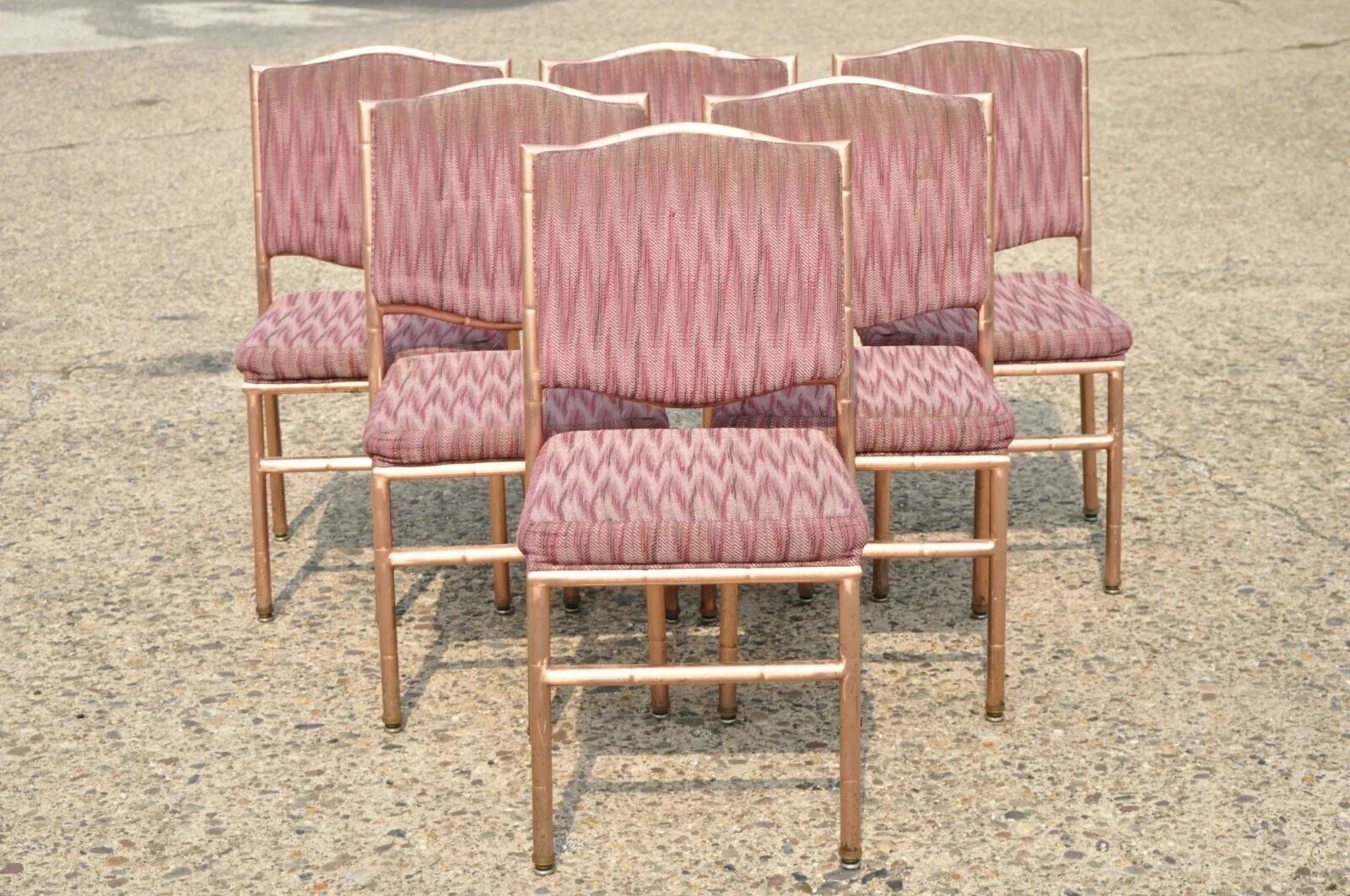 Hollywood Regency Faux Bamboo Pink Rose Gold Upholstered Banquet Chairs by Shelby Williams - Set of 6. Item features a steel metal frame, faux bamboo design, removable upholstered backrest, stacks 4 high (recommended by manufacturer), original