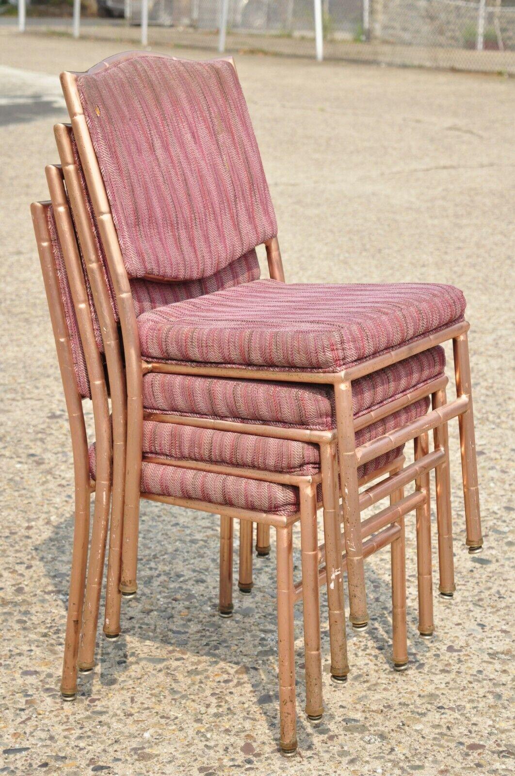 Vintage Shelby Williams faux bamboo stacking pink / rose gold banquet dining chairs with removable upholstered backs. 
***Approximately 58 chairs available***
Item features a steel metal frame, faux bamboo design, removable upholstered backrest,