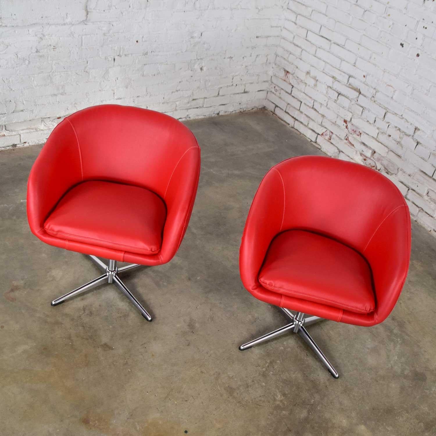 Steel Shelby Williams MCM Swivel Bucket Chairs Red Vinyl Faux Leather & Chrome X Base For Sale