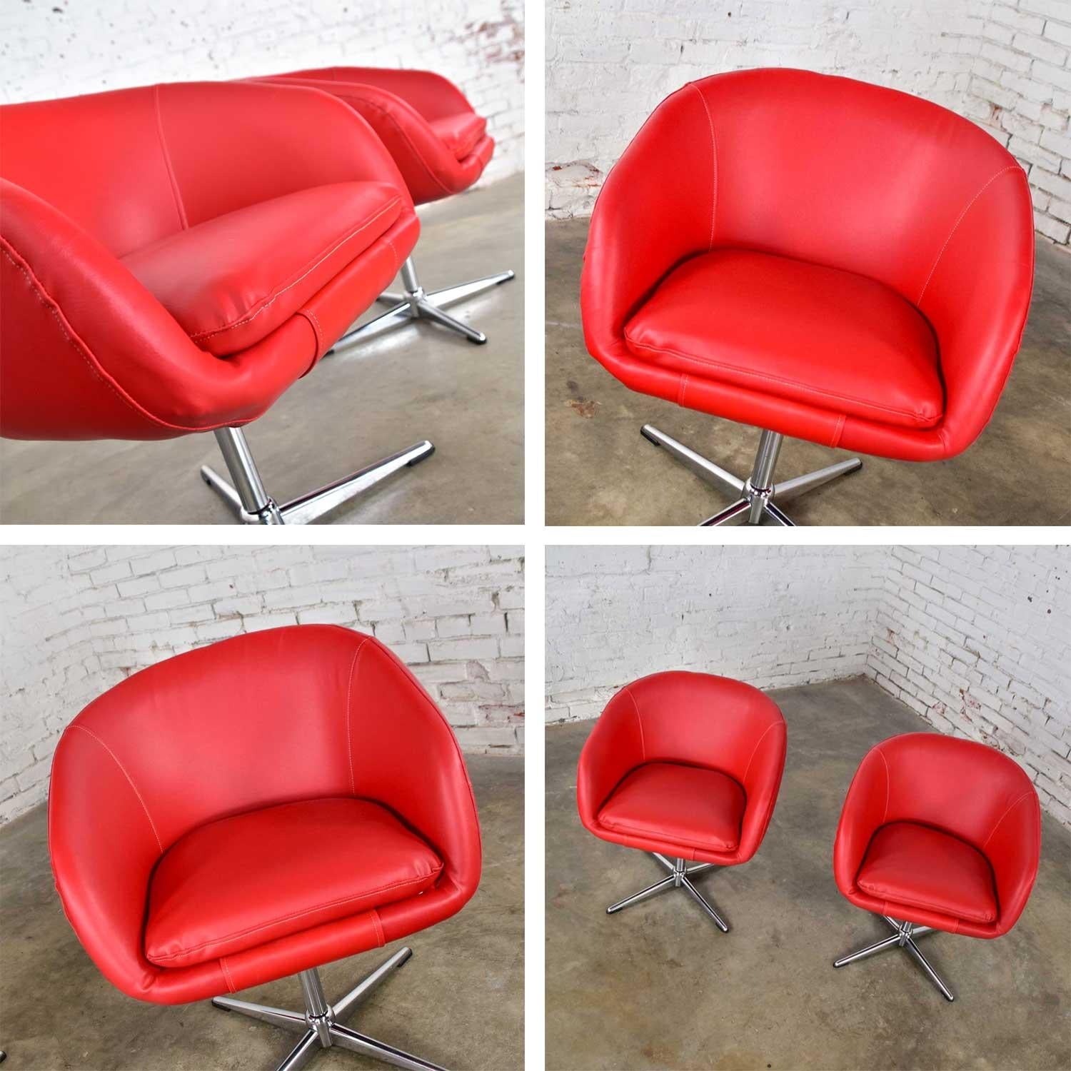 Shelby Williams MCM Swivel Bucket Chairs Red Vinyl Faux Leather & Chrome X Base For Sale 8