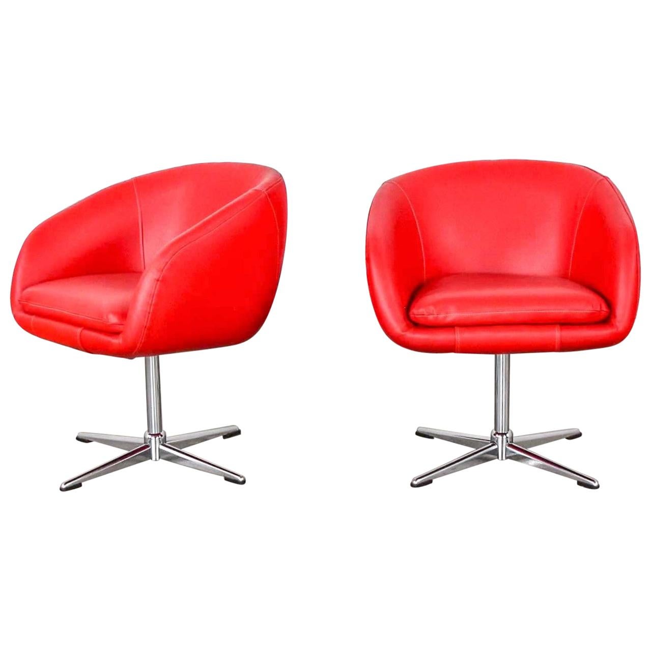 Shelby Williams MCM Swivel Bucket Chairs Red Vinyl Faux Leather & Chrome X Base