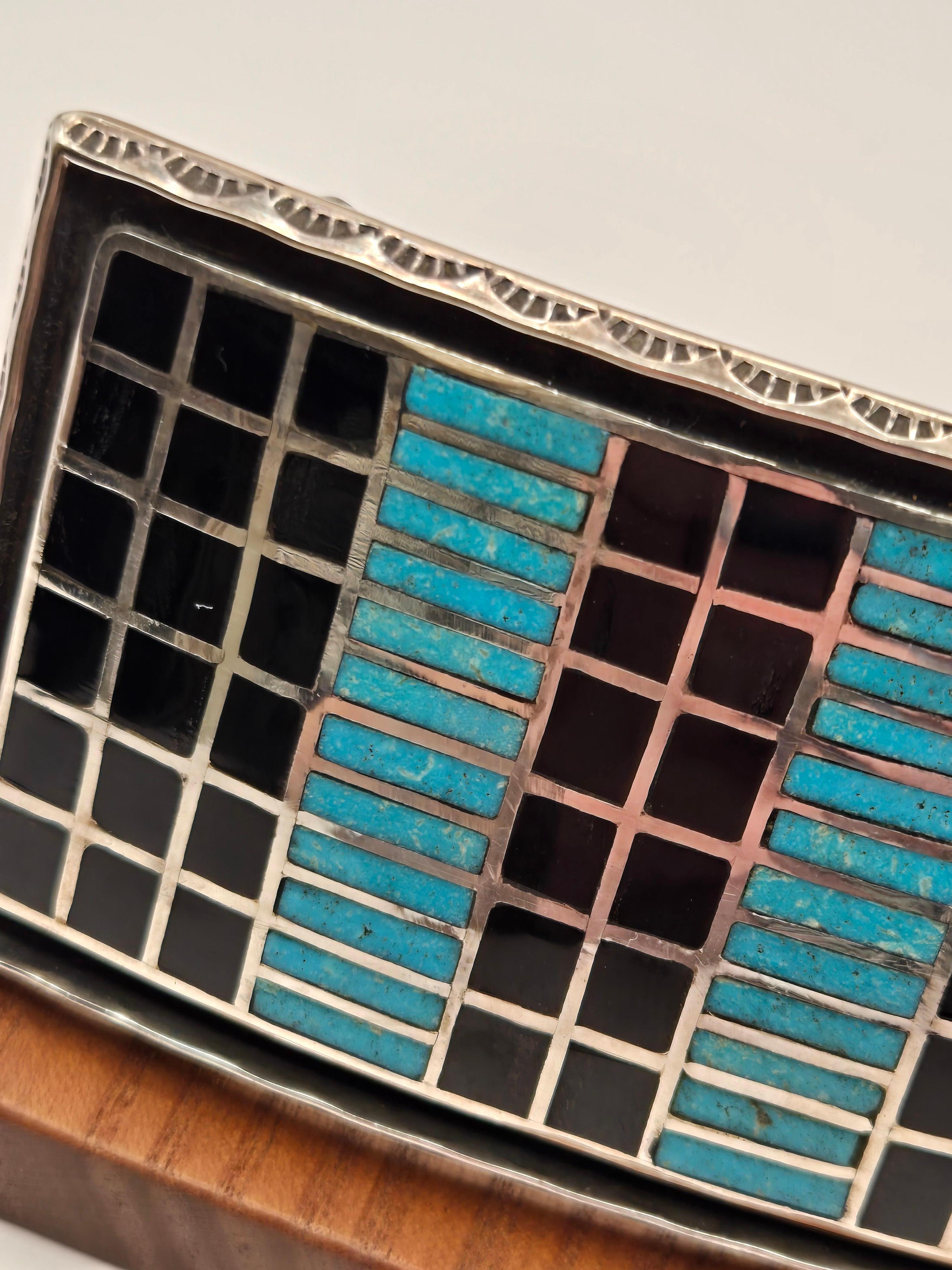 Fibbia da cintura Sheldon & Nancy Zuni New Mexico in argento, onice e turchese In condizioni buone in vendita a Point Richmond, CA