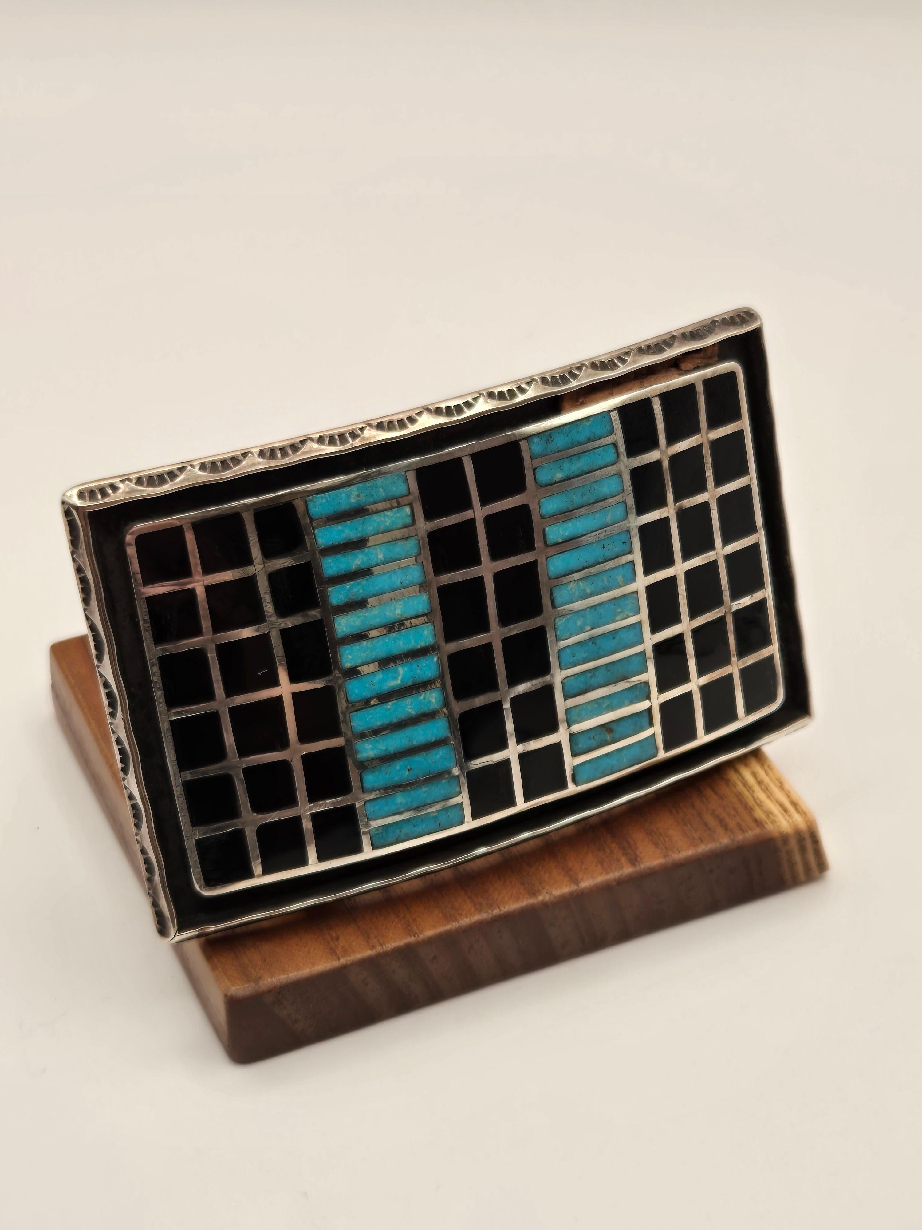 da uomo o donna Fibbia da cintura Sheldon & Nancy Zuni New Mexico in argento, onice e turchese in vendita