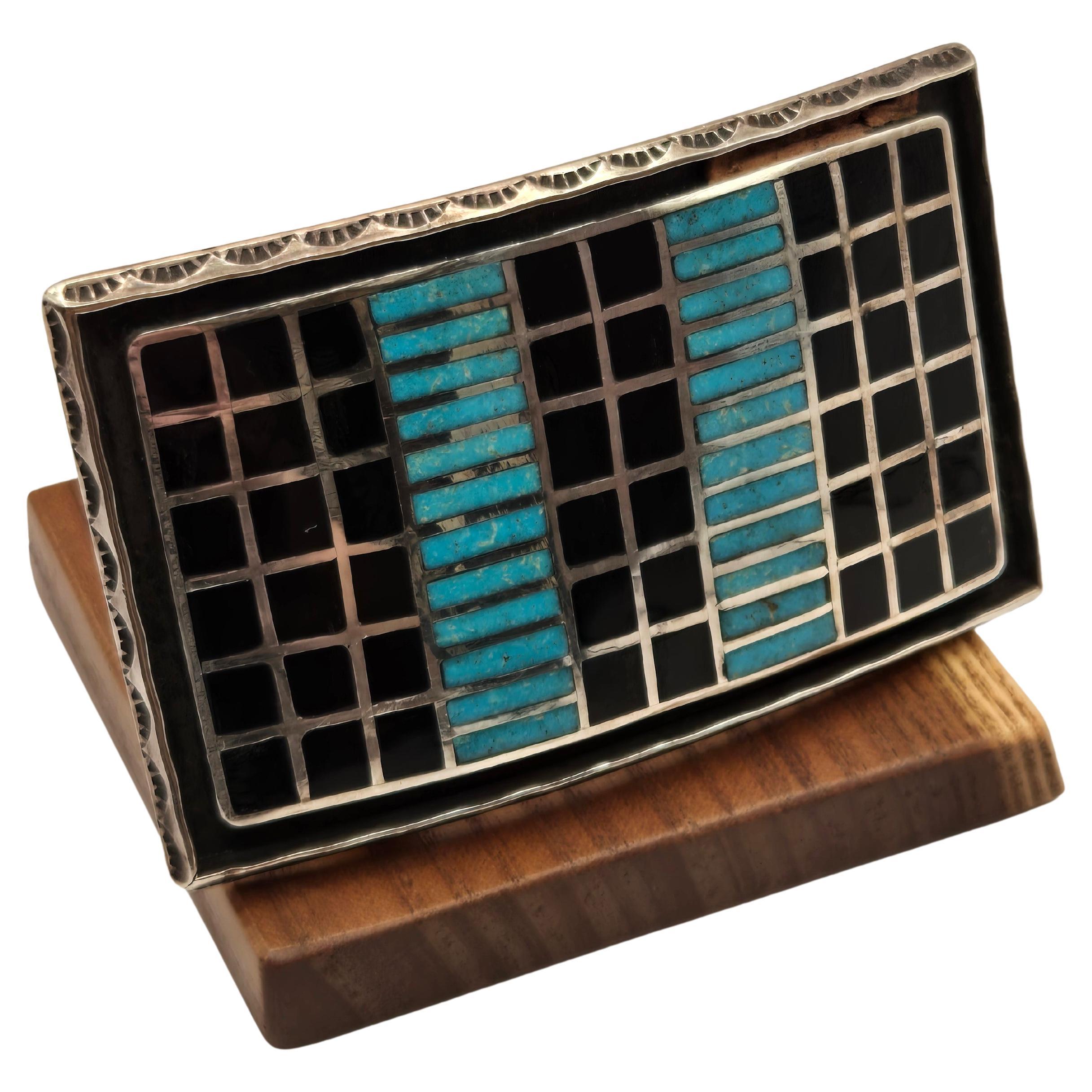 Fibbia da cintura Sheldon & Nancy Zuni New Mexico in argento, onice e turchese in vendita