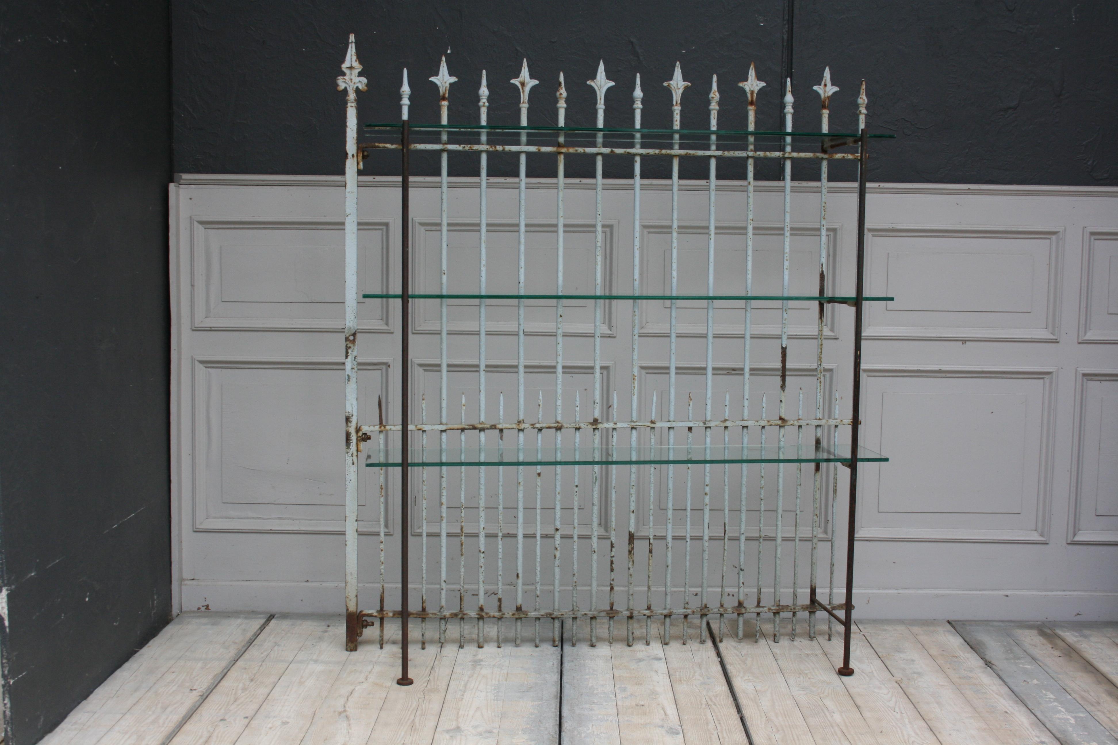 Country Shelf Made of Old Fence Part with Glass Shelves For Sale