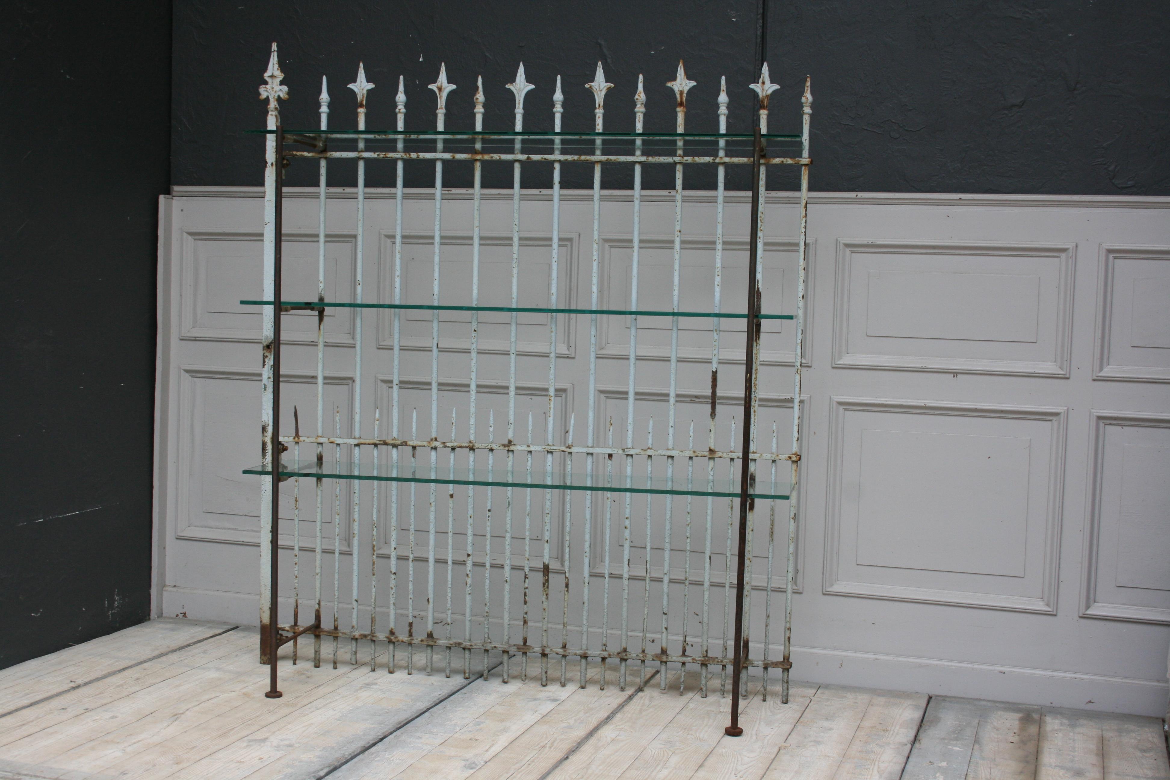 European Shelf Made of Old Fence Part with Glass Shelves For Sale