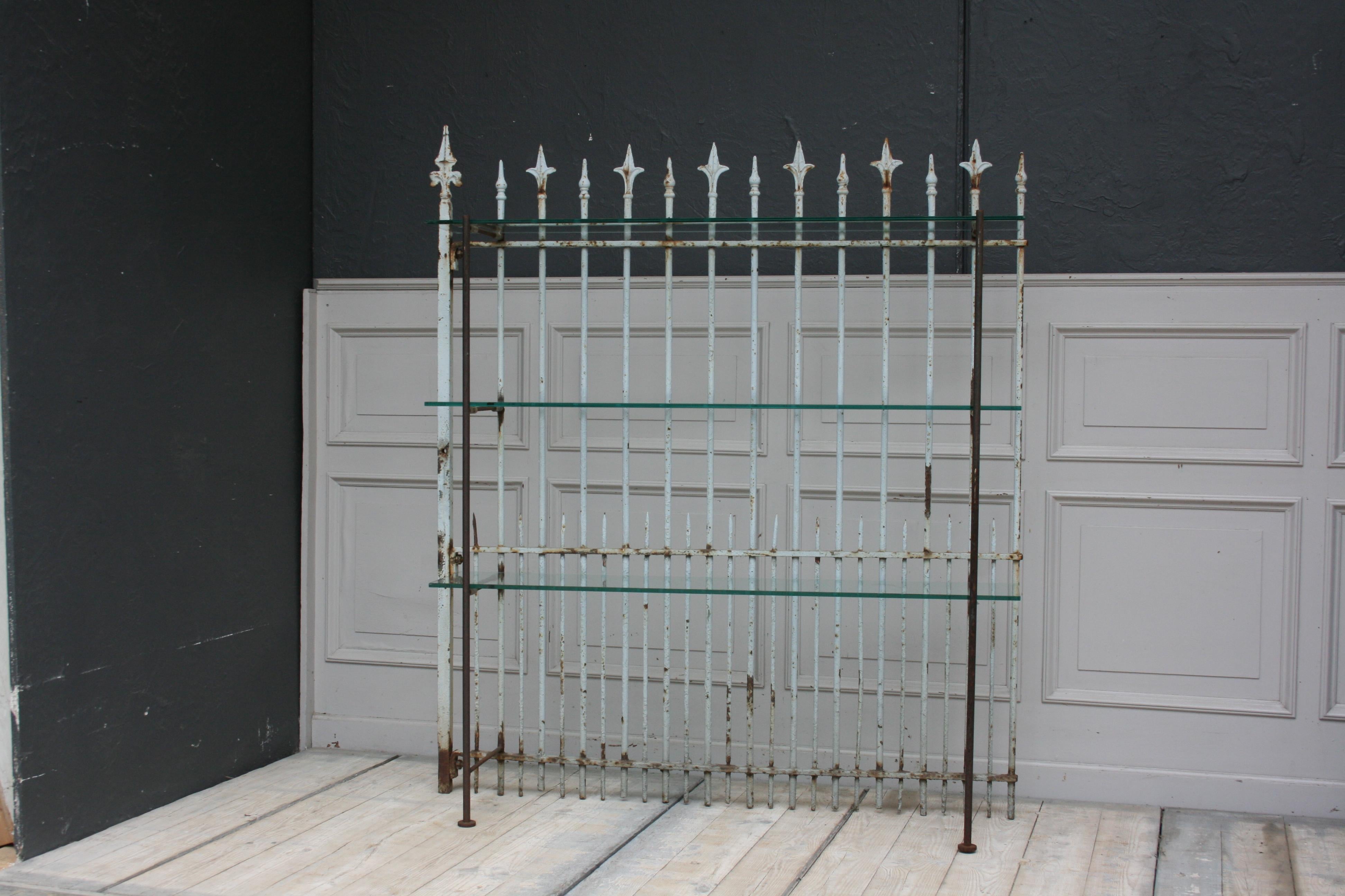 Shelf Made of Old Fence Part with Glass Shelves In Good Condition For Sale In Dusseldorf, DE