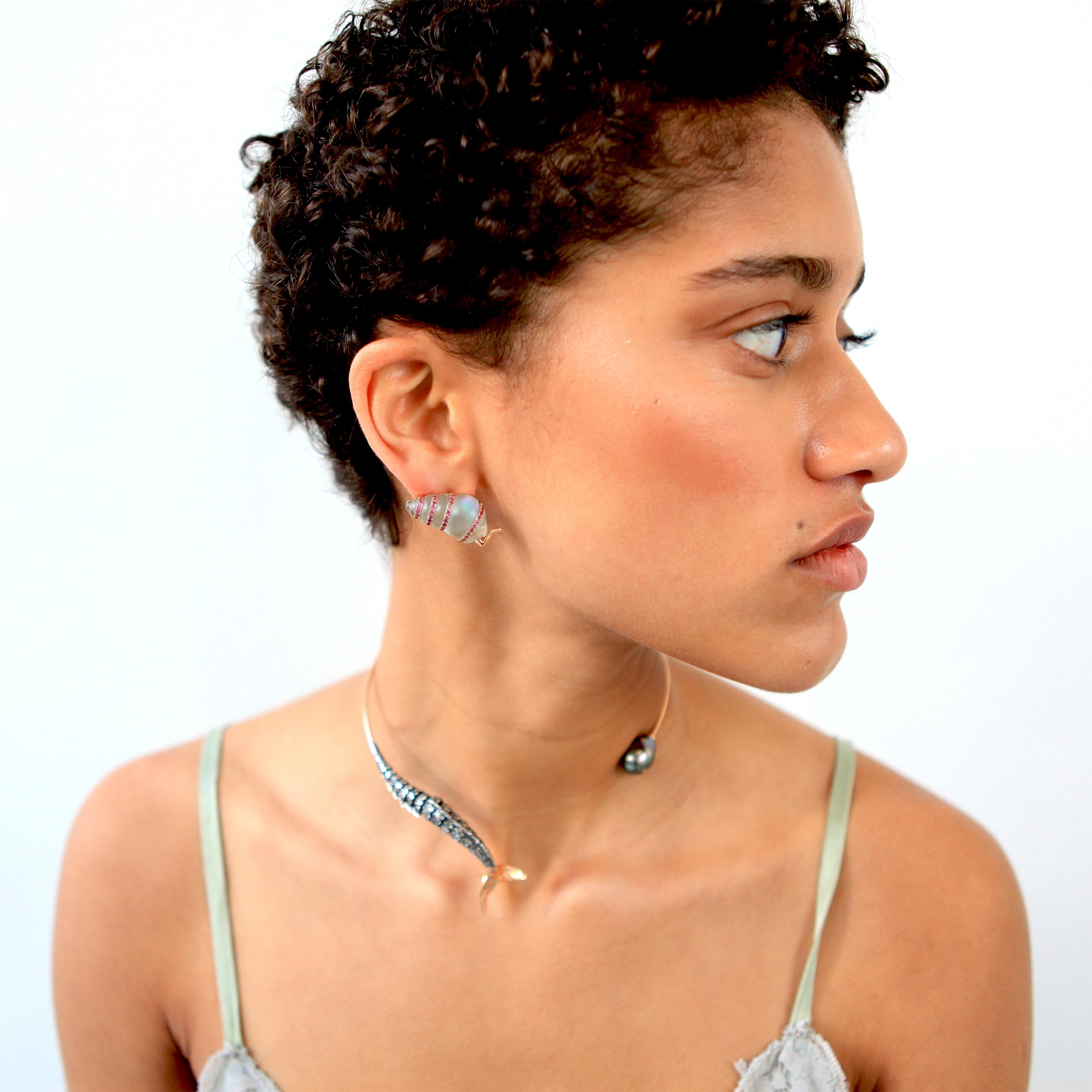 Round Cut Shell 18 Karat White, Rose Gold Pink Sapphires Rock Crystal Earrings Hand Carved For Sale