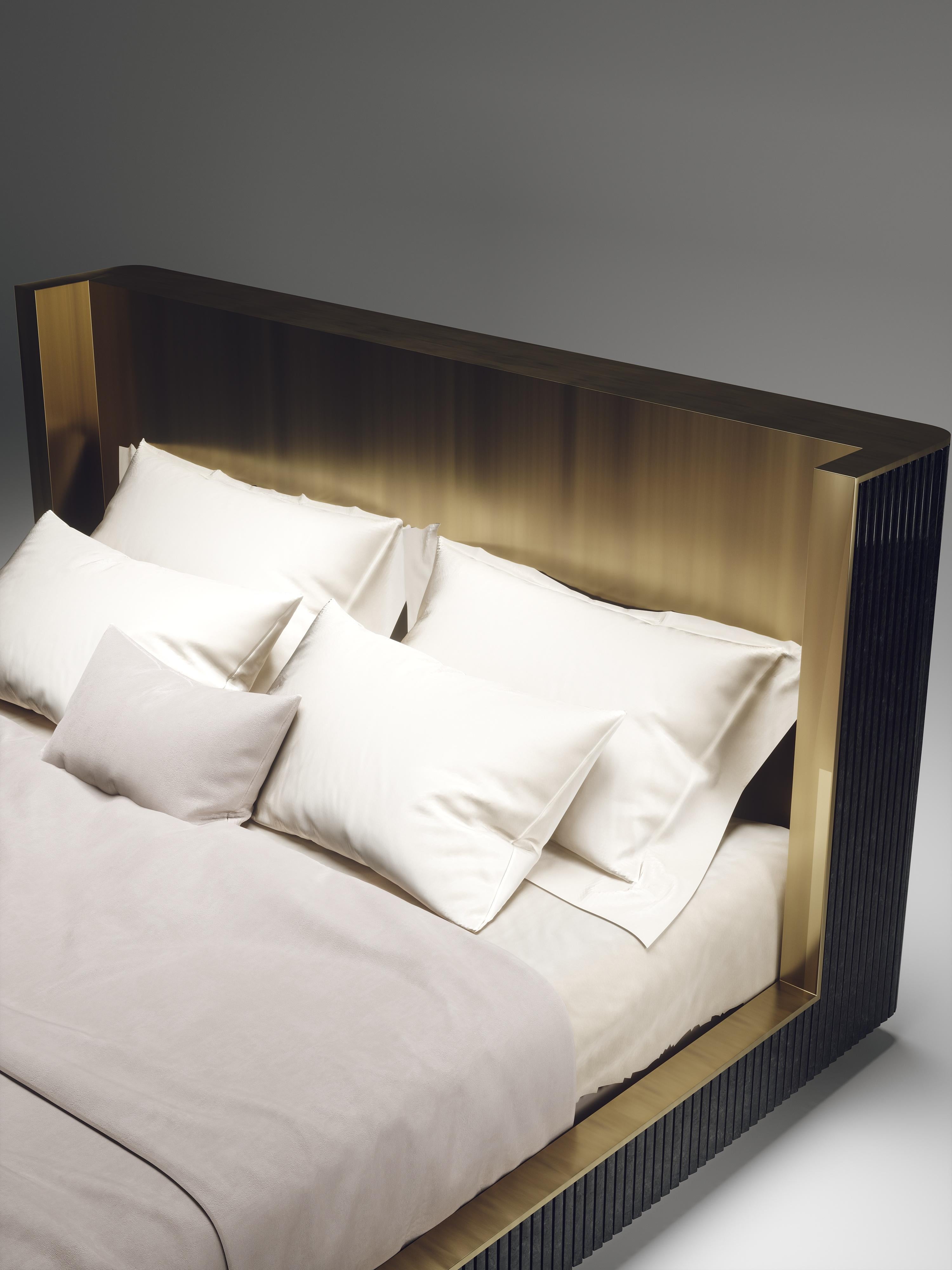 Hand-Crafted Shell and Brass Bed Frame with Geometric Fluted Details - 50% dep for Mike For Sale
