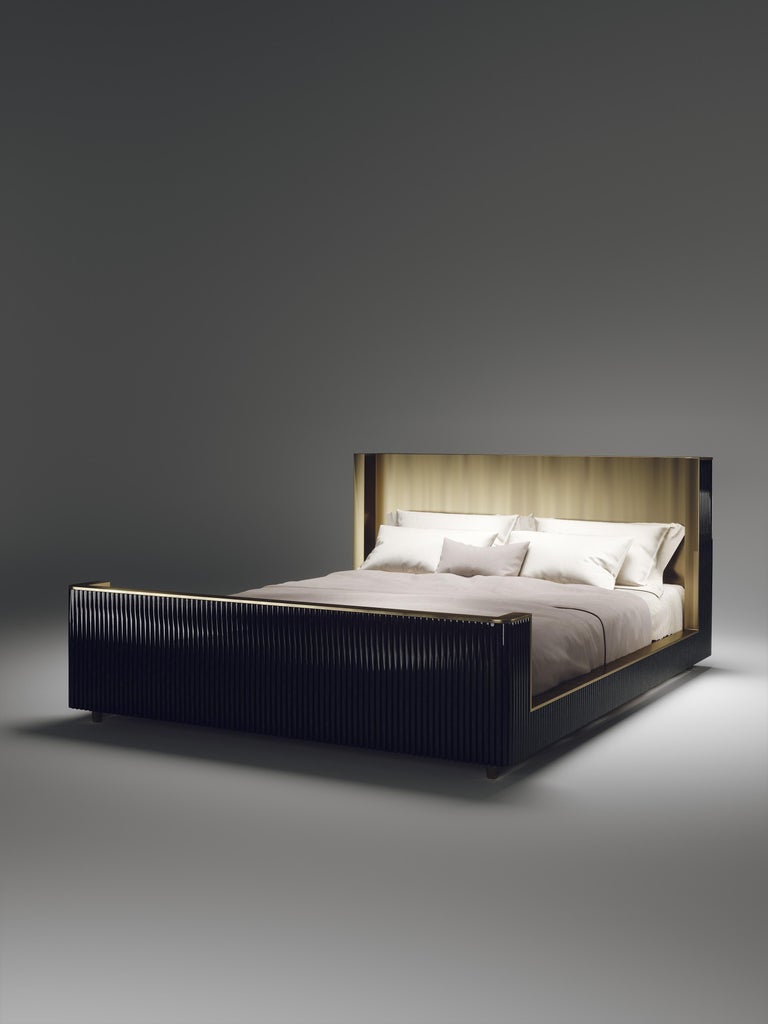 Shell and Brass Bed Frame with Geometric Fluted Details by R&Y Augousti