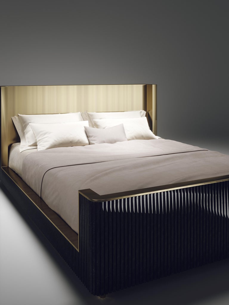 Shell and Brass Bed Frame with Geometric Fluted Details by R&Y Augousti