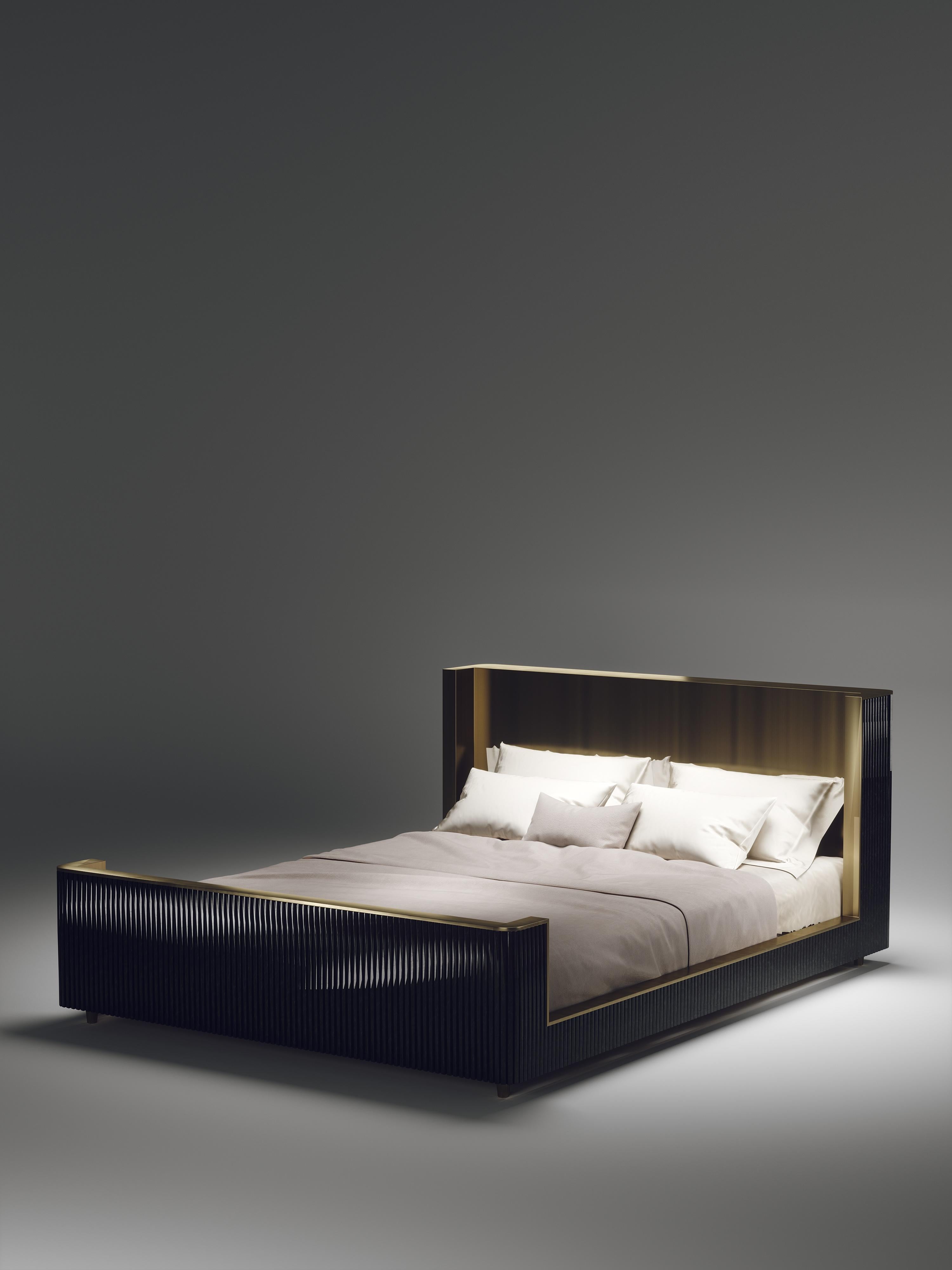 French Shell and Brass Bed Frame with Geometric Fluted Details by R&Y Augousti For Sale