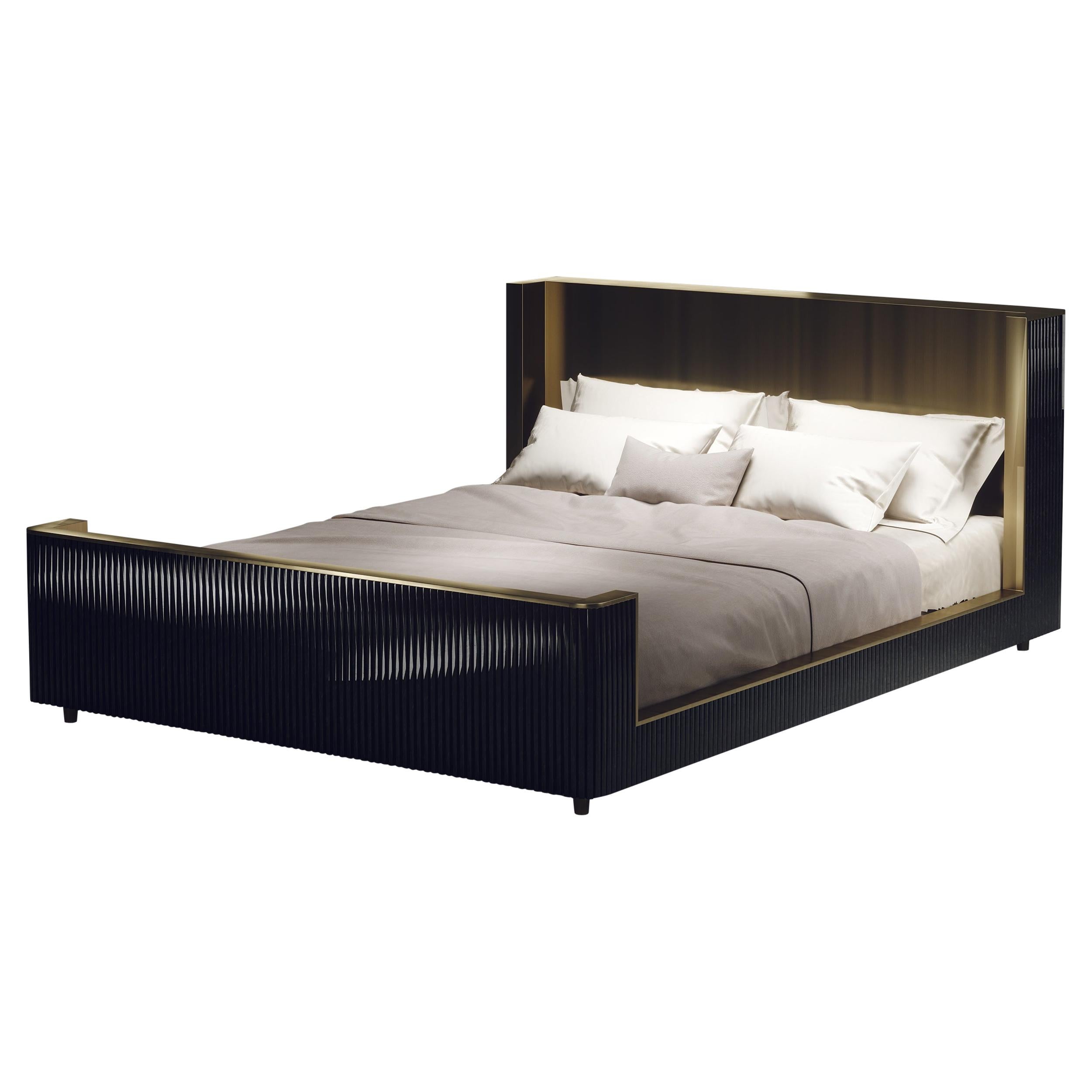 Shell and Brass Bed Frame with Geometric Fluted Details by R&Y Augousti For Sale