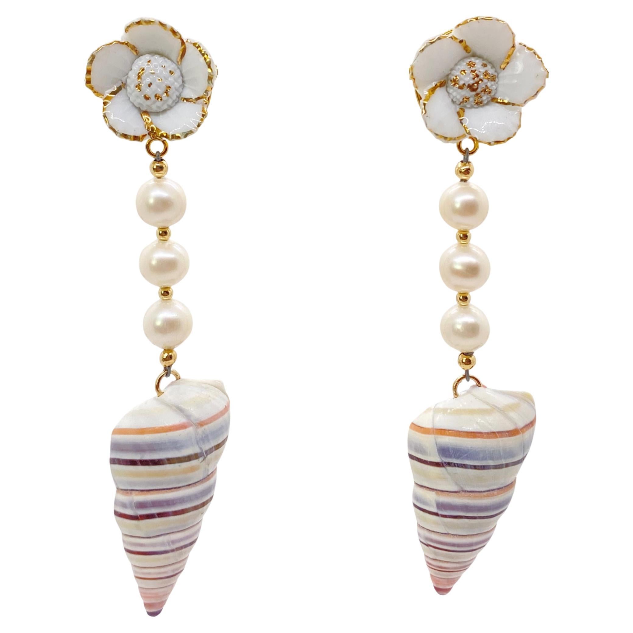 Shell and Pearl Dangling Earrings For Sale