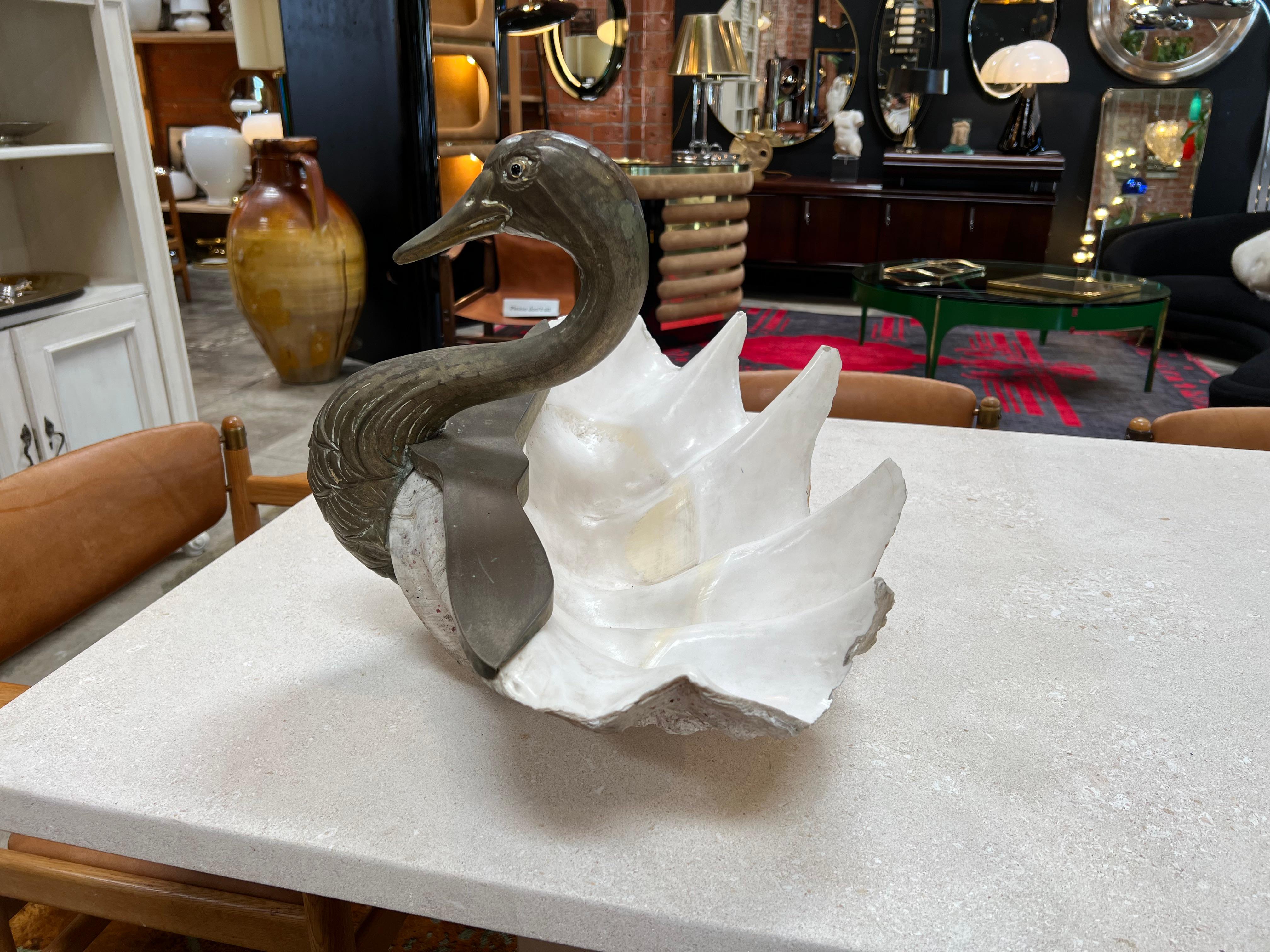 Italian Shell and Silvered Brass Duck Shaped Trinket-Bowl, Italy, circa 1970 For Sale
