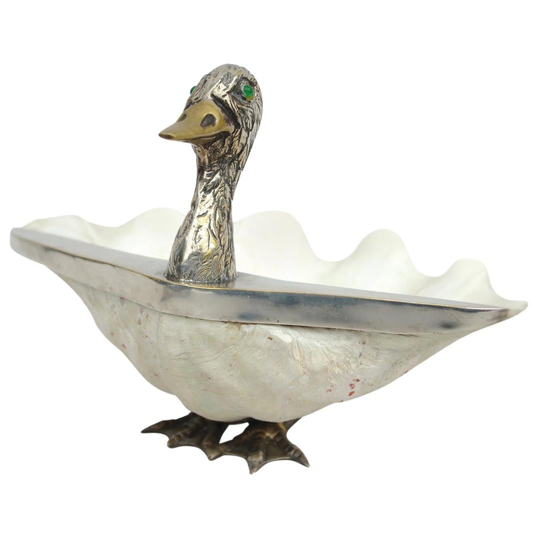 Shell and Silvered Brass Duck Shaped Trinket-Bowl, Italy, circa 1970 For Sale