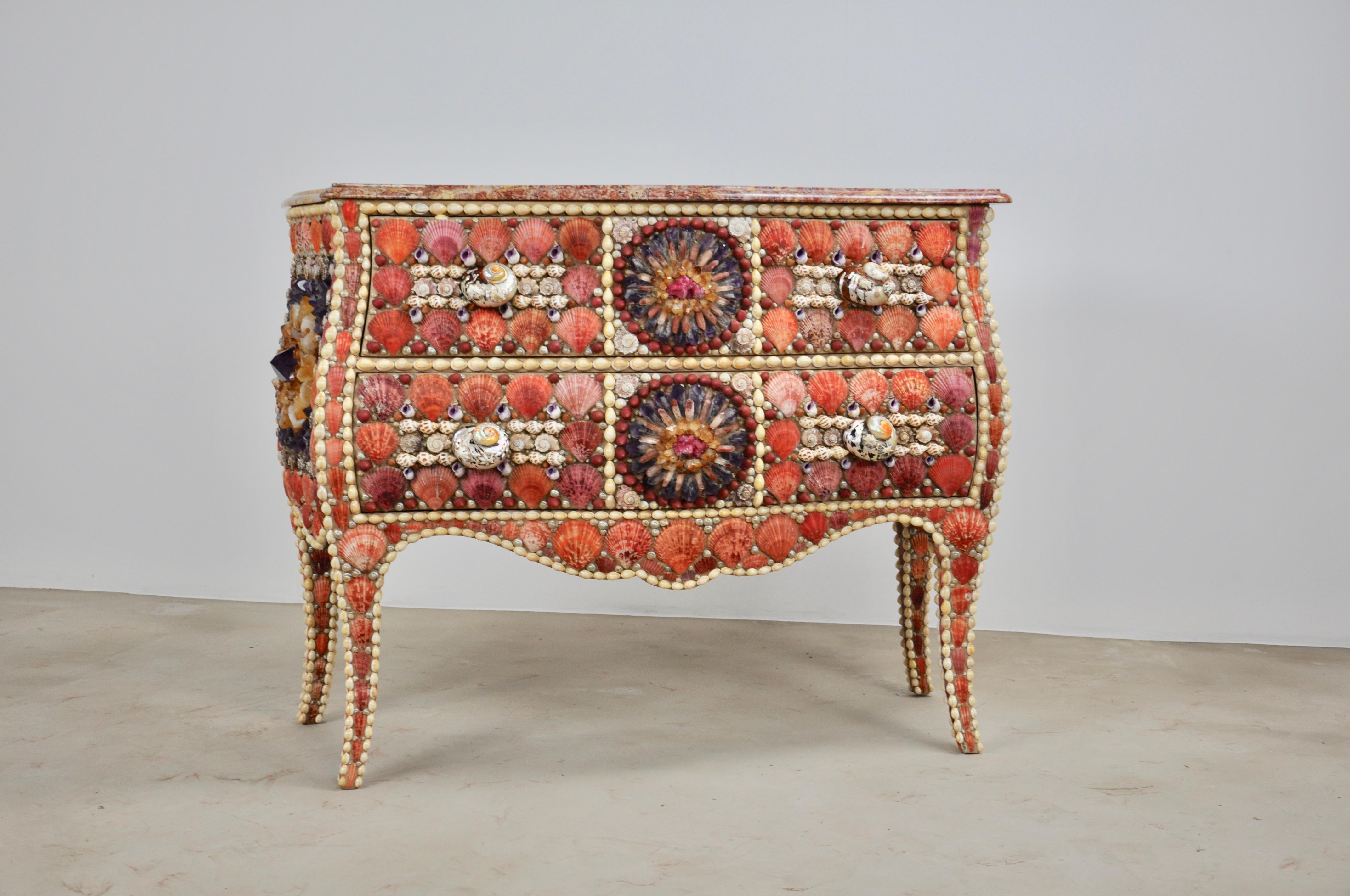 Chest of drawers with two drawers. Shell inlay. Pink marble.