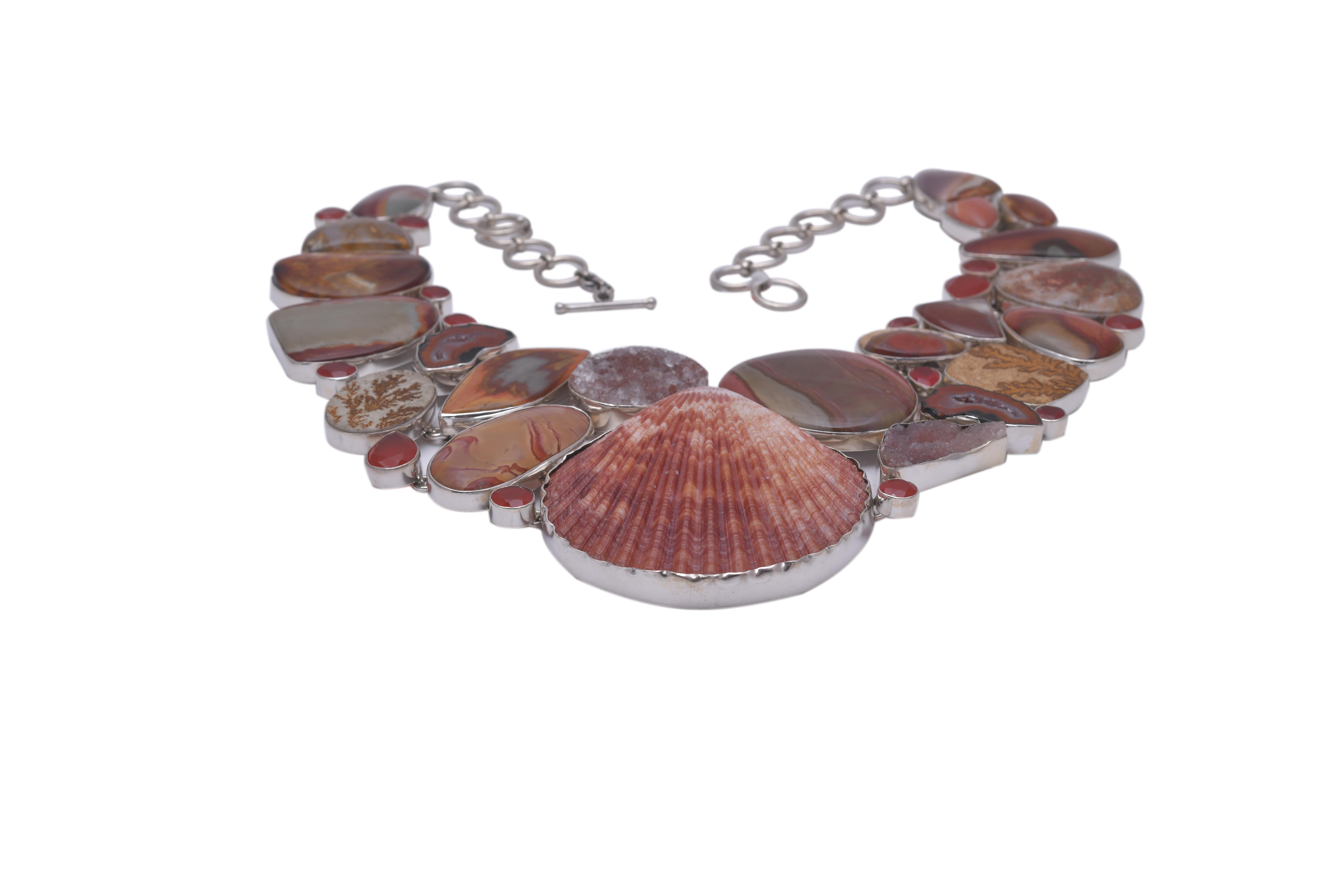Shell brown agate red onyx druzy  silver necklace