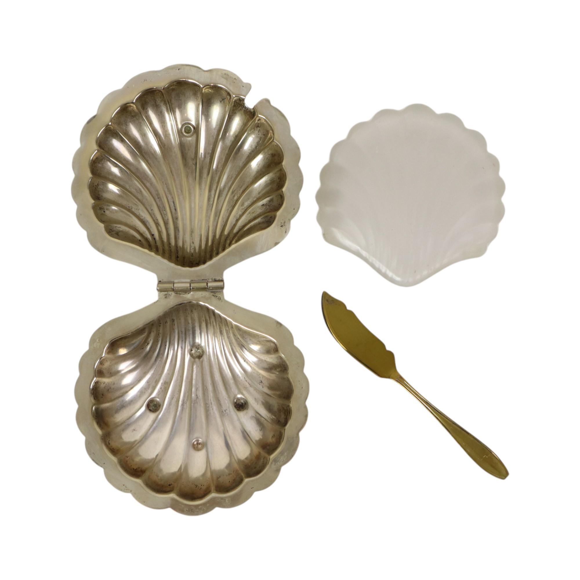 Metal Shell Butter Dish Caviar Holder EPNS Chrome Glass England