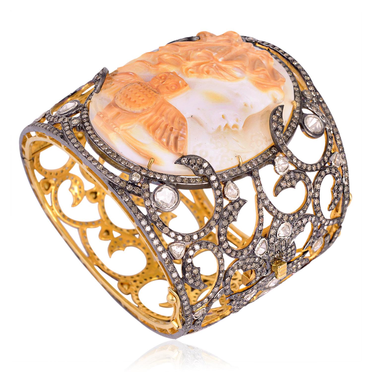 Classical Roman Shell Cameo Bangle Cuff with Diamonds For Sale