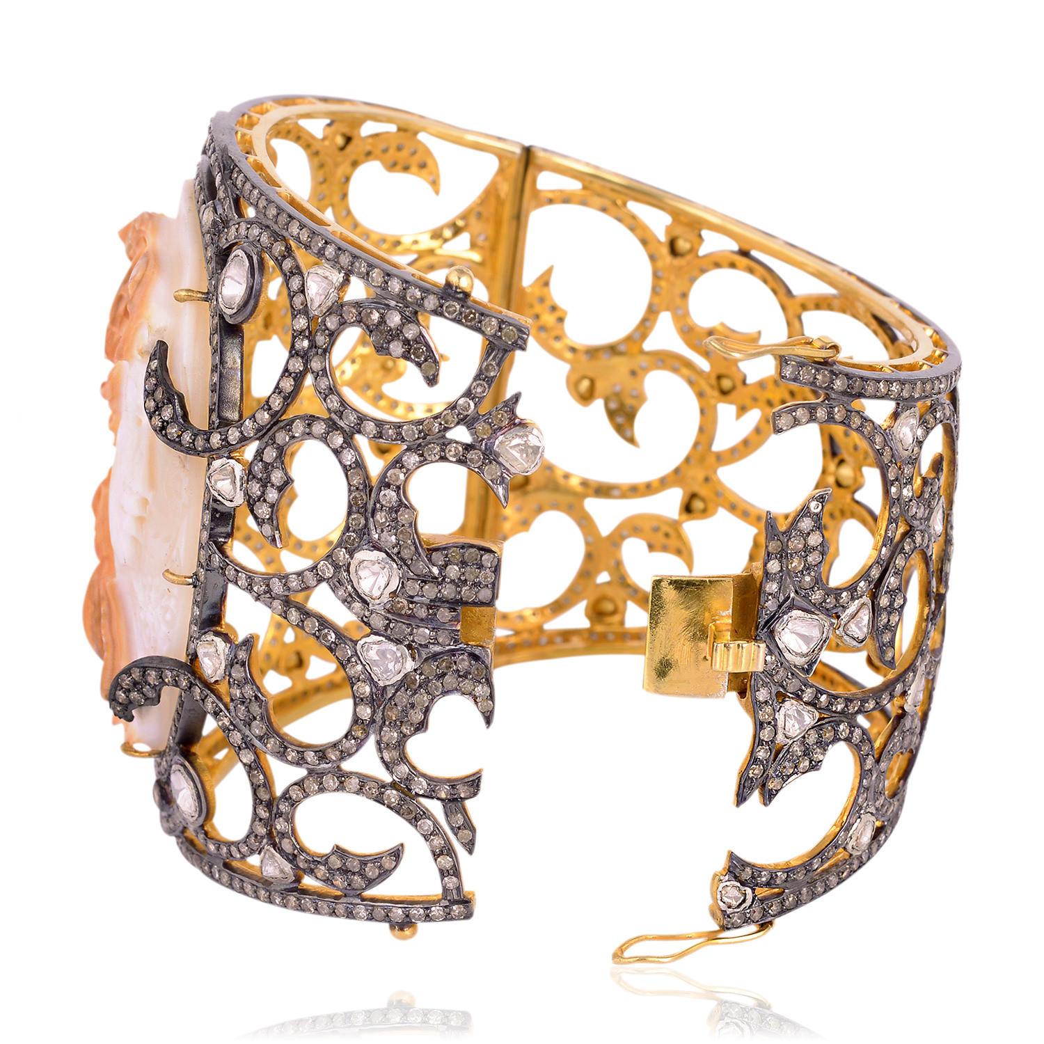 Mixed Cut Shell Cameo Bangle Cuff with Diamonds For Sale