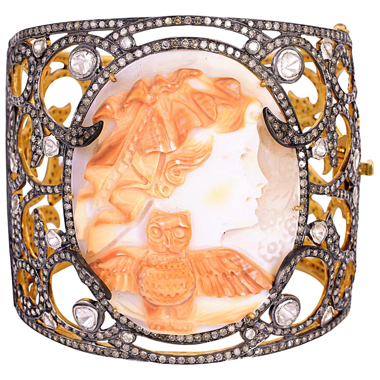 Shell Cameo Bangle Cuff with Diamonds For Sale