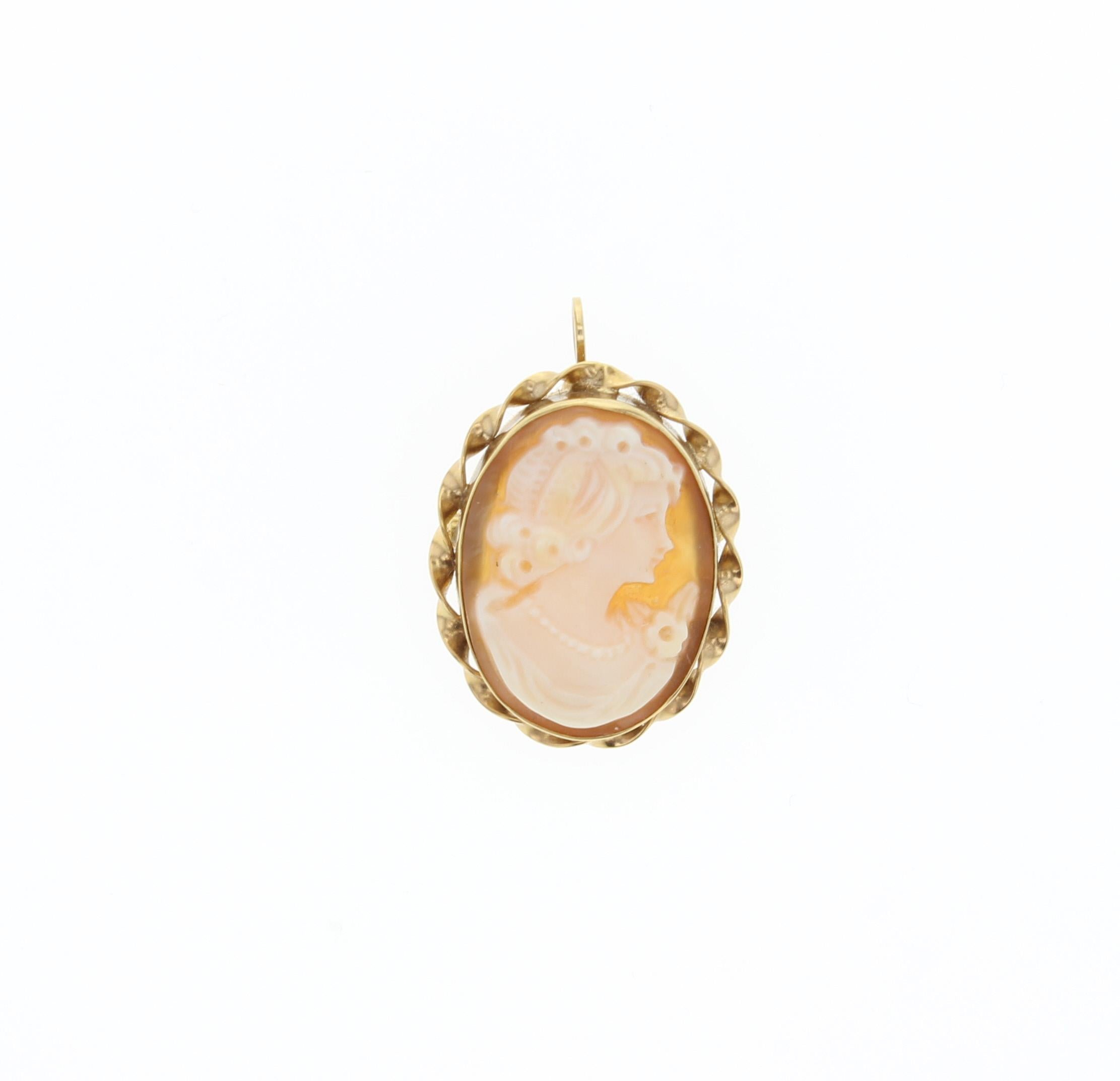 Women's or Men's Shell Cameo Brooch Pendant with Oval Gold Tone Frame For Sale