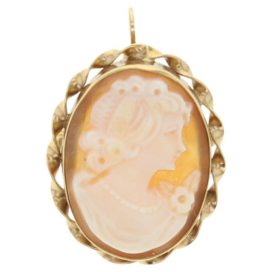 Shell Cameo Brooch Pendant with Oval Gold Tone Frame For Sale