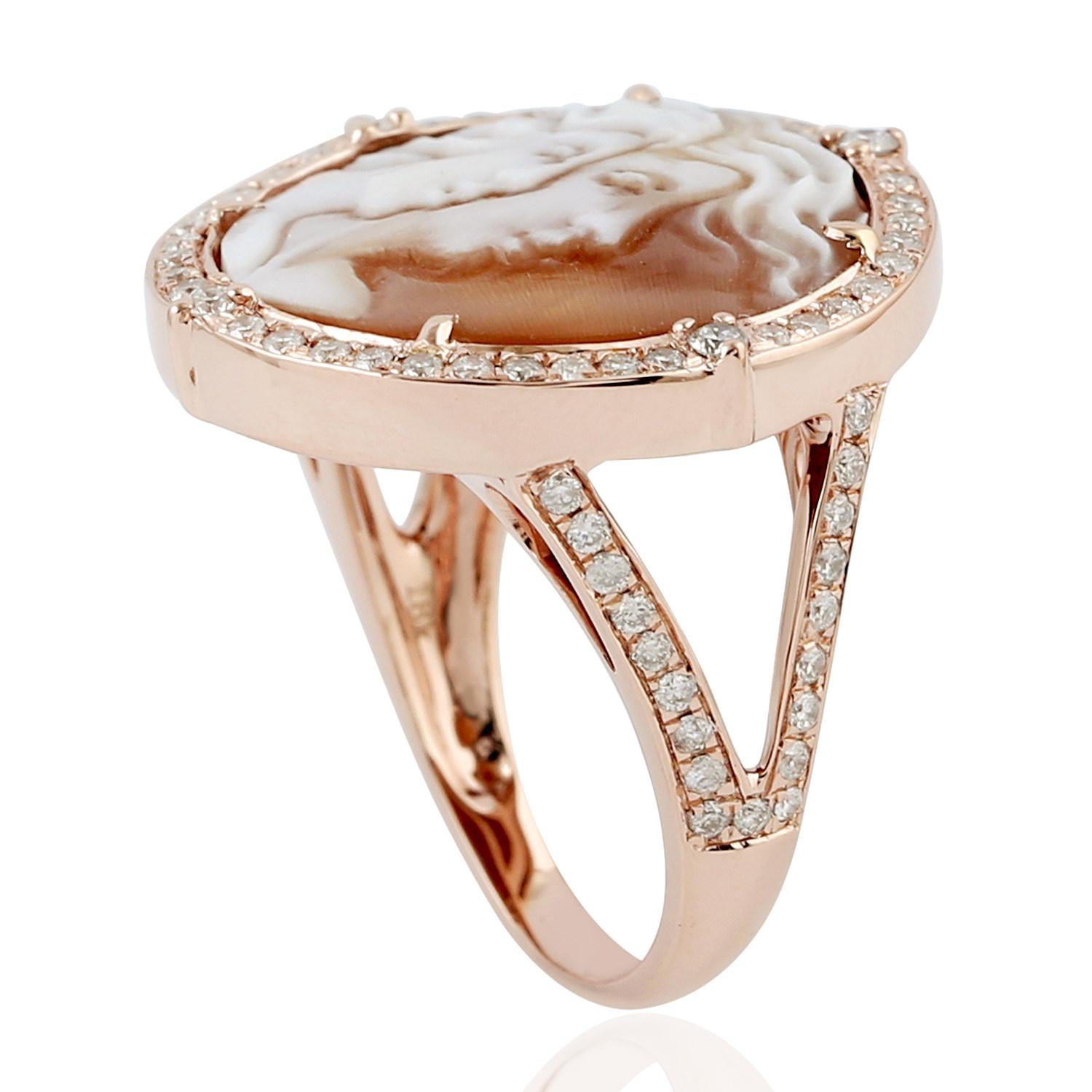 Art Deco Shell Cameo Cocktail Ring with Carved Face & Pave Diamonds Made in 18k Rose Gold For Sale