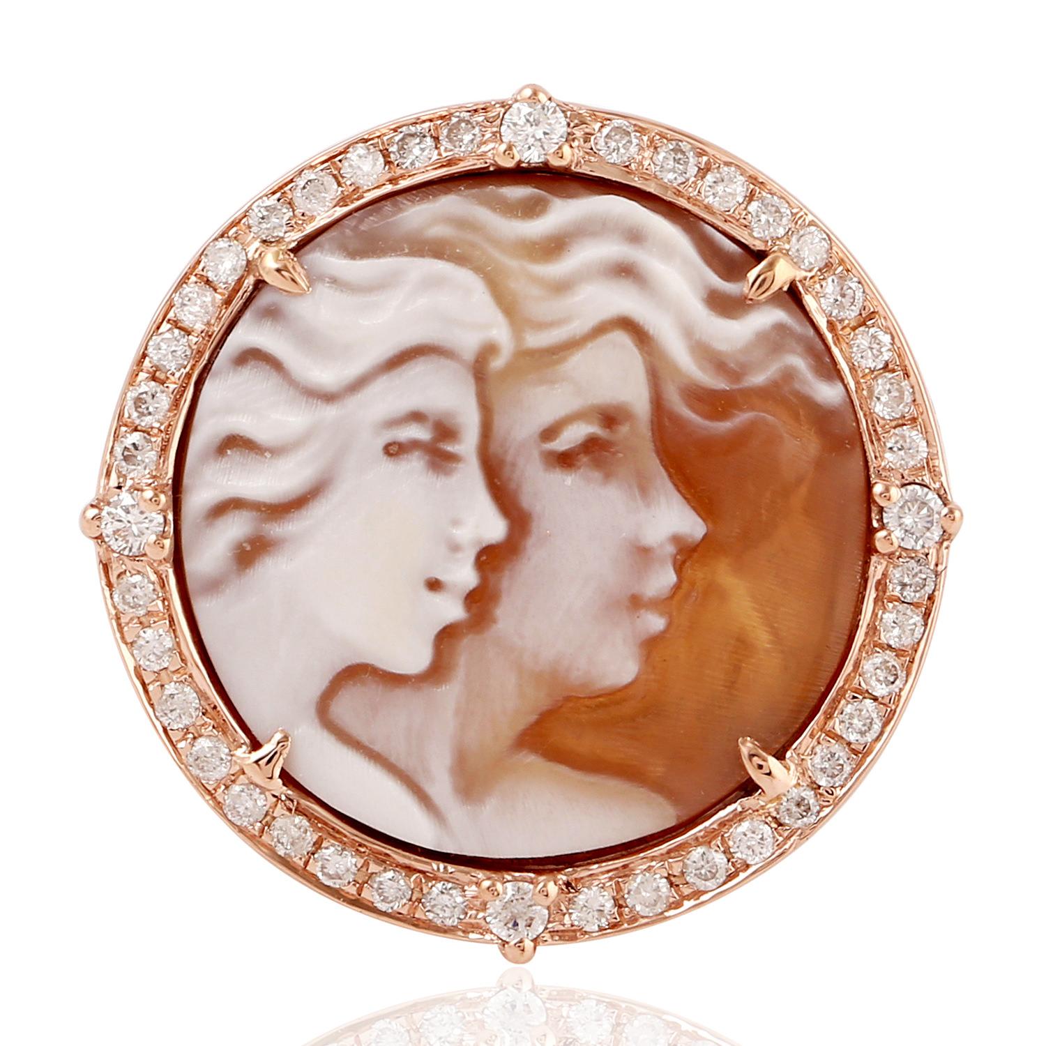Mixed Cut Shell Cameo Cocktail Ring with Carved Face & Pave Diamonds Made in 18k Rose Gold For Sale