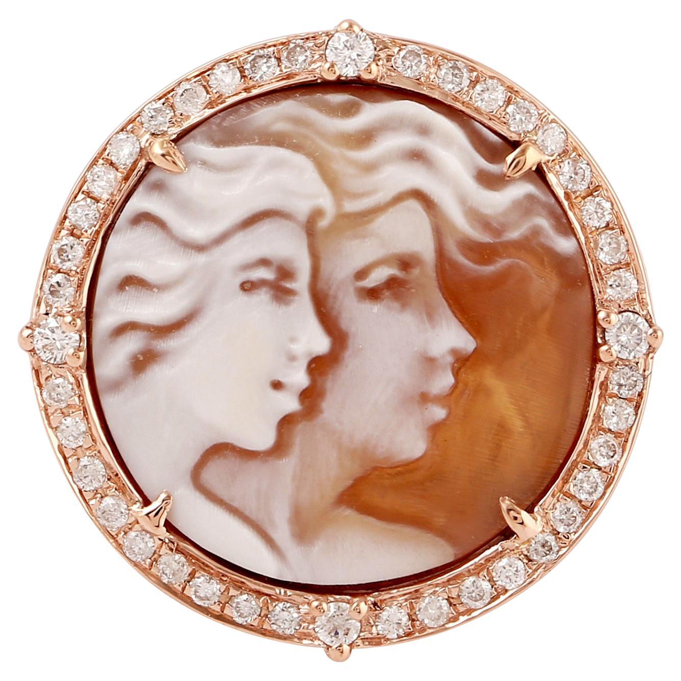 Shell Cameo Cocktail Ring with Carved Face & Pave Diamonds Made in 18k Rose Gold For Sale