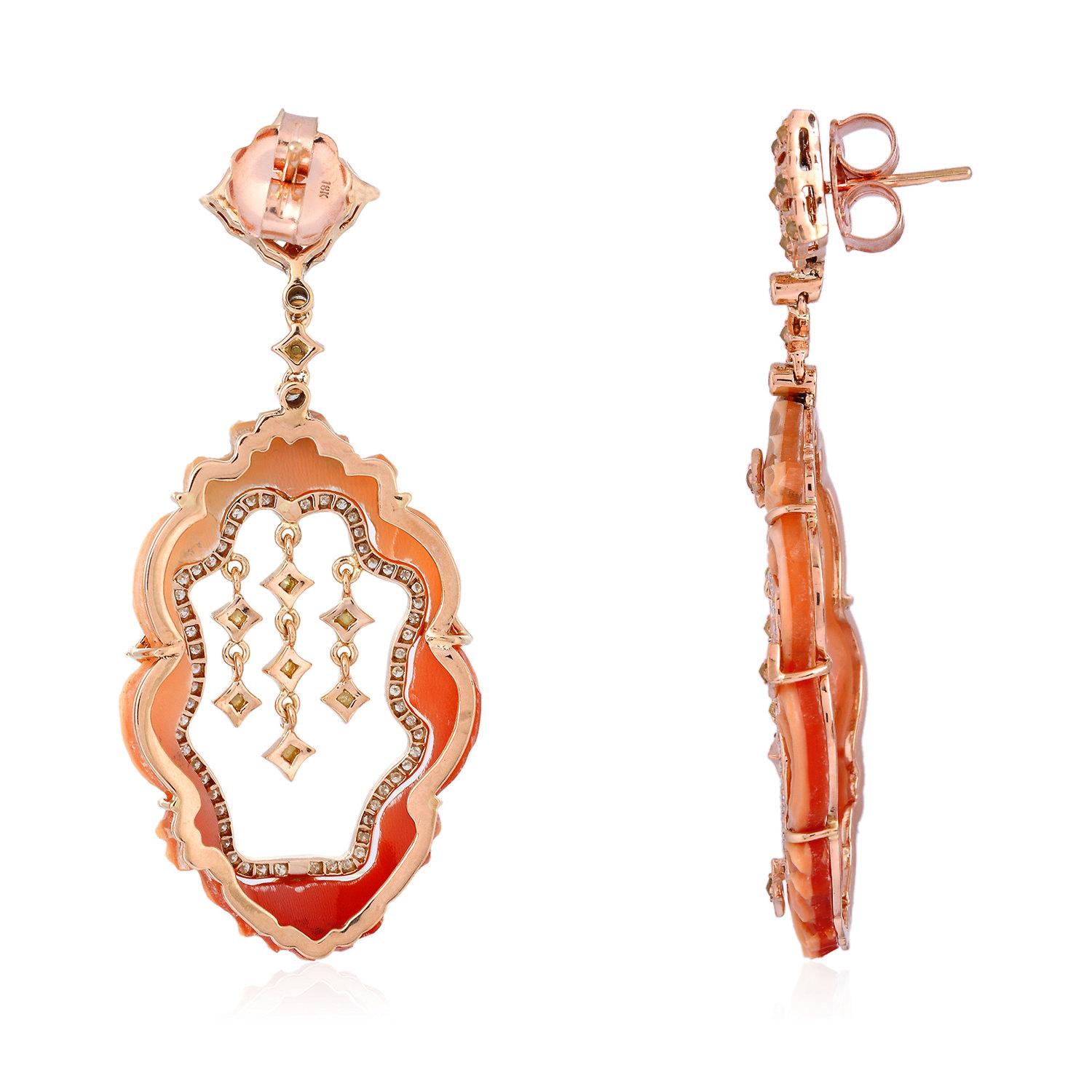 Art Deco Shell cameo Dangle Earring With Diamonds Made In 18k Rose Gold For Sale