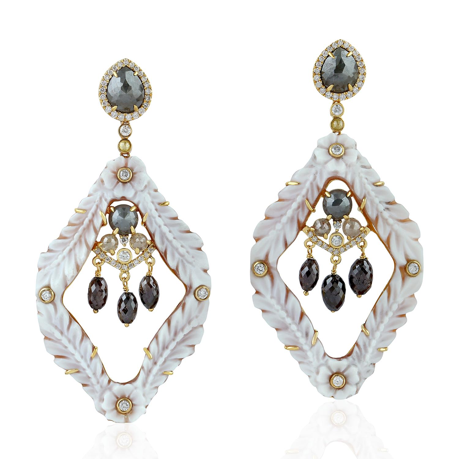 Art Deco Shell Cameo Dangle Earrings With Diamonds Made in 18K Yellow Gold For Sale