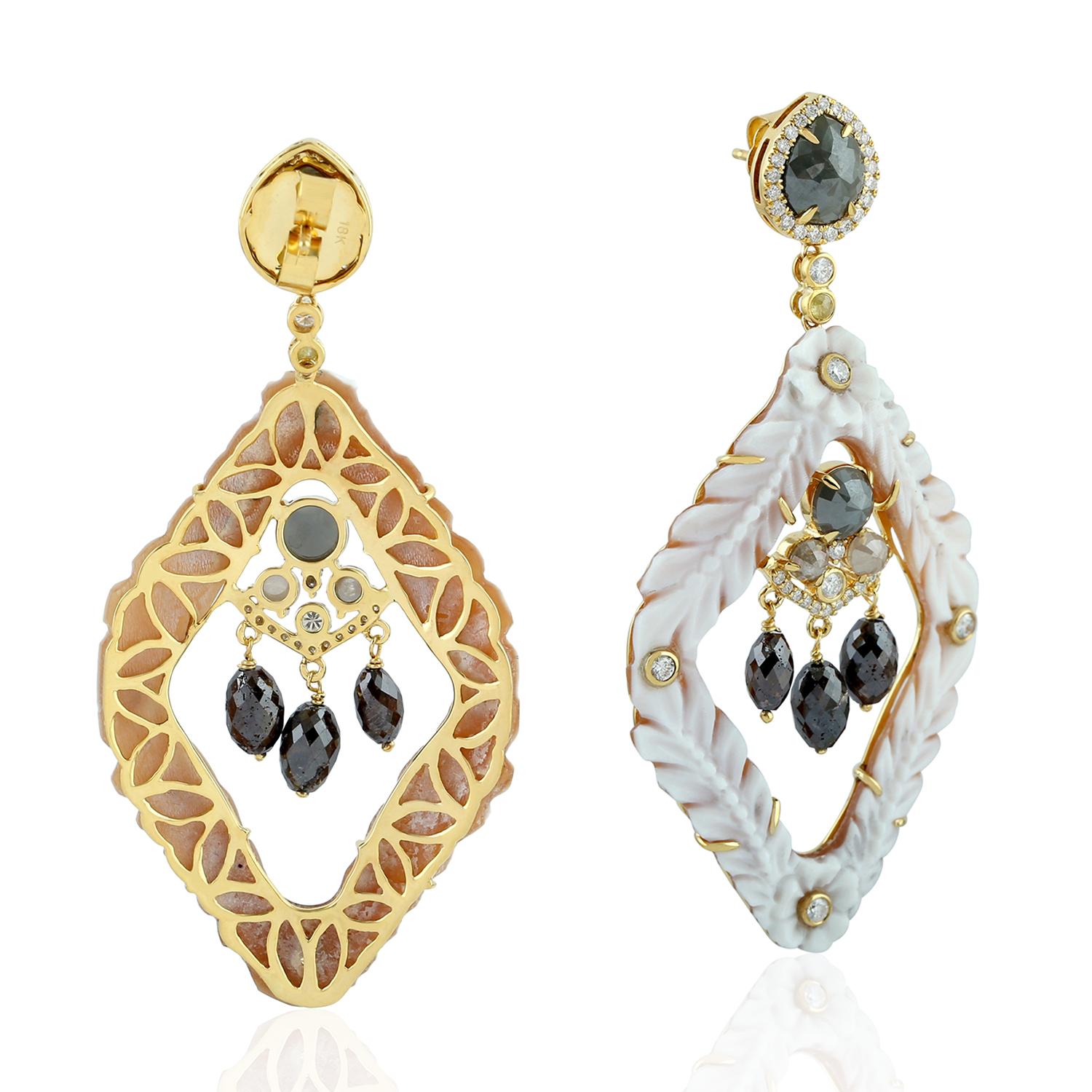 Mixed Cut Shell Cameo Dangle Earrings With Diamonds Made in 18K Yellow Gold For Sale
