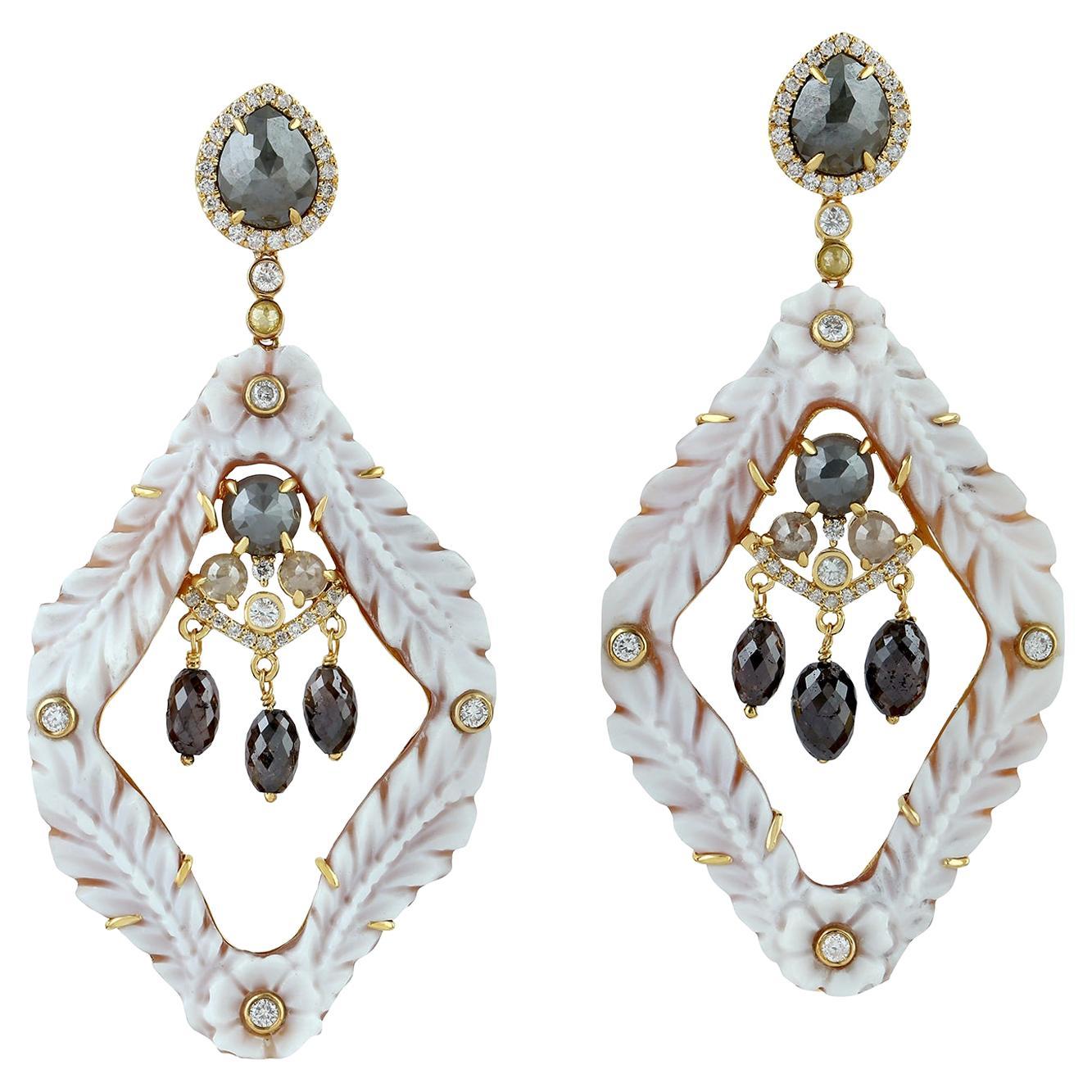 Shell Cameo Dangle Earrings With Diamonds Made in 18K Yellow Gold