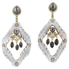 Shell Cameo Dangle Earrings With Diamonds Made in 18K Yellow Gold