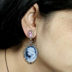 Shell Cameo Diamond Drop Earrings in Silver and 18k Gold